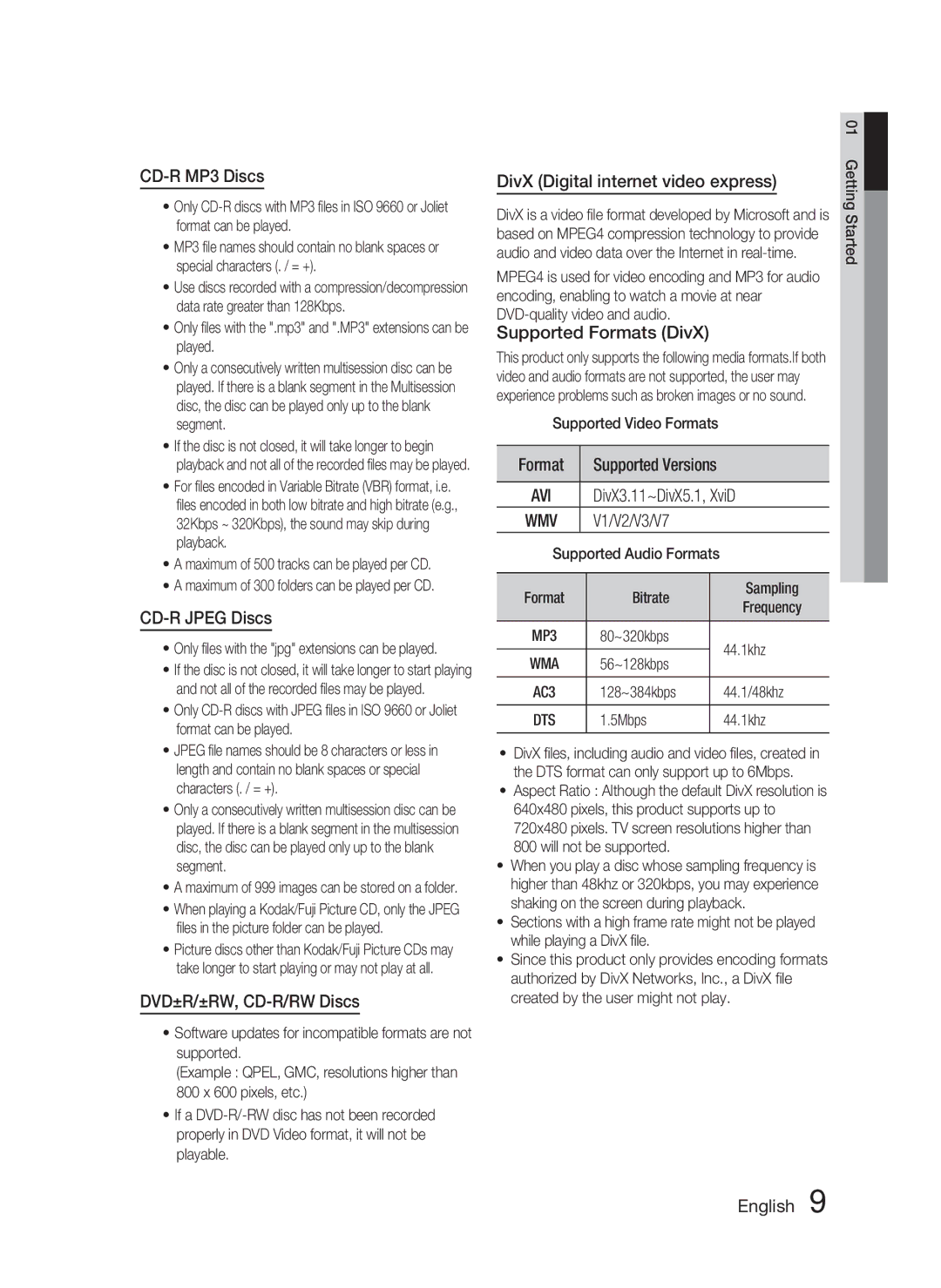 Samsung HT-C463-XAC CD-R MP3 Discs, CD-R Jpeg Discs, DVD±R/±RW, CD-R/RW Discs, DivX Digital internet video express, Format 