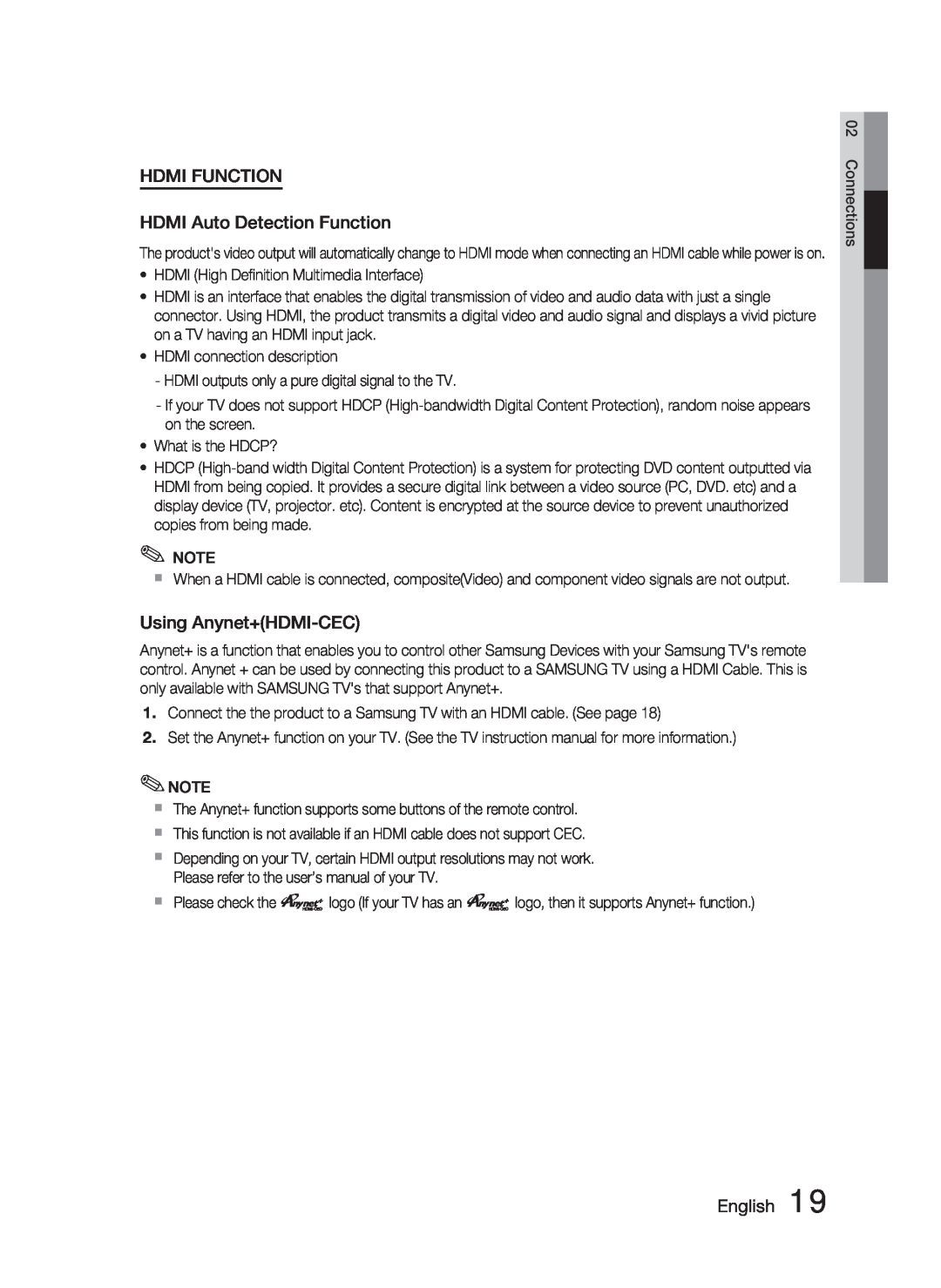 Samsung HT-C463-XAC, AH68-02259Q user manual HDMI FUNCTION HDMI Auto Detection Function, Using Anynet+HDMI-CEC, English 