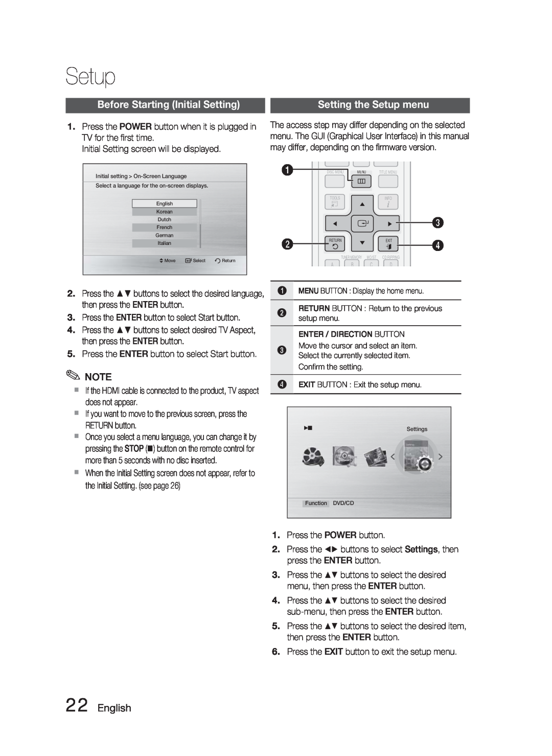 Samsung AH68-02259Q, HT-C463-XAC user manual Setup, Before Starting Initial Setting, English 