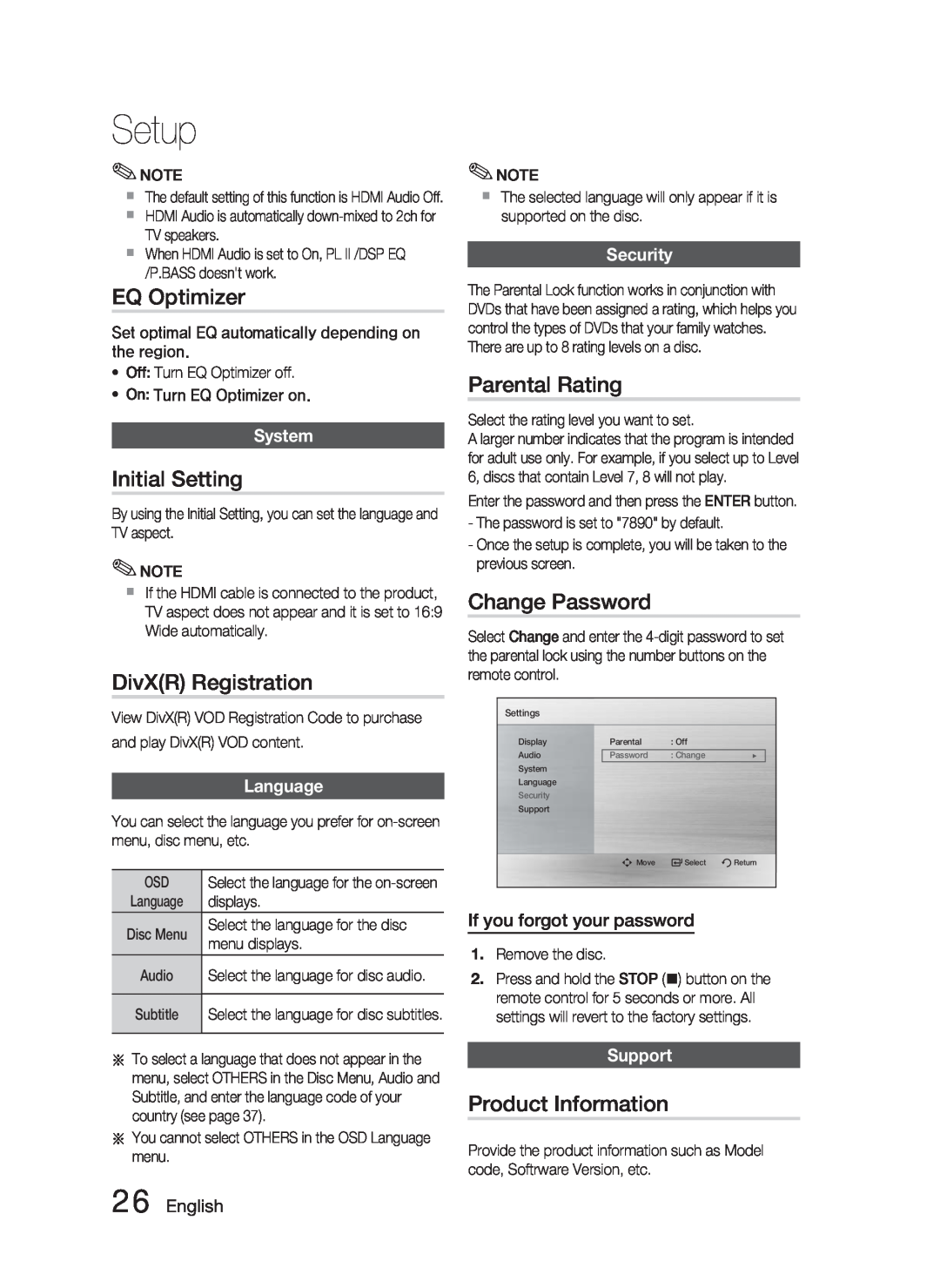 Samsung AH68-02259Q EQ Optimizer, Initial Setting, DivXR Registration, Parental Rating, Change Password, System, Language 