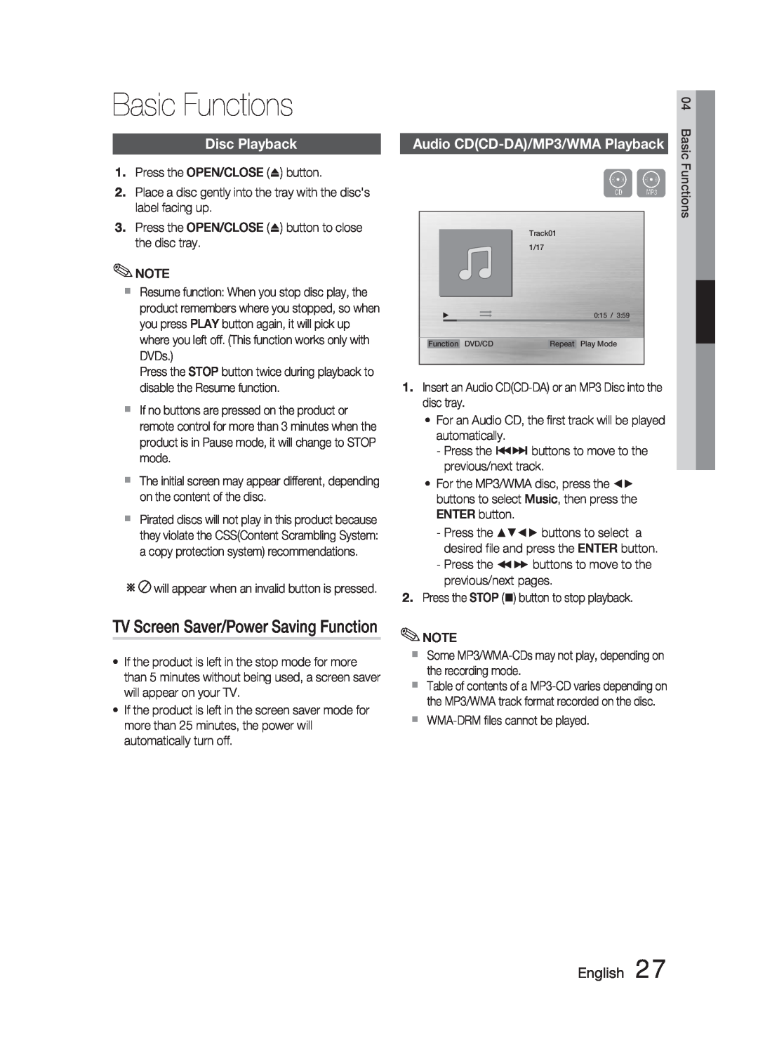 Samsung HT-C463-XAC Basic Functions, TV Screen Saver/Power Saving Function, Disc Playback, Audio CDCD-DA/MP3/WMAPlayback 