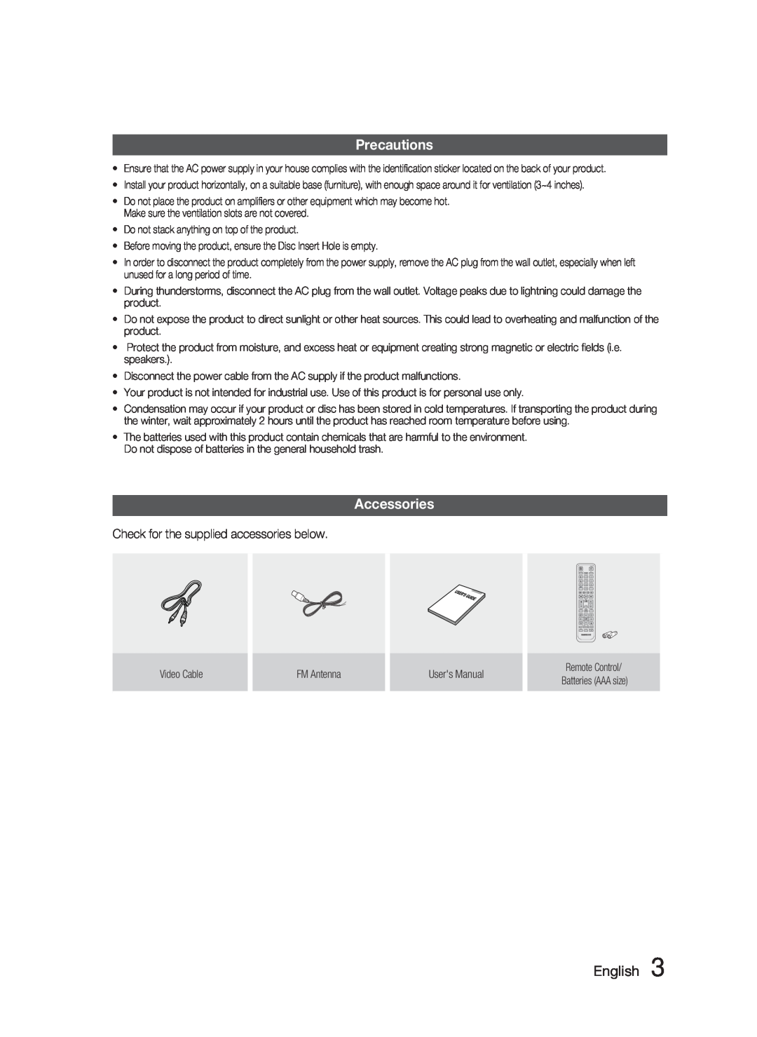 Samsung HT-C463-XAC, AH68-02259Q user manual Precautions, Accessories, English 