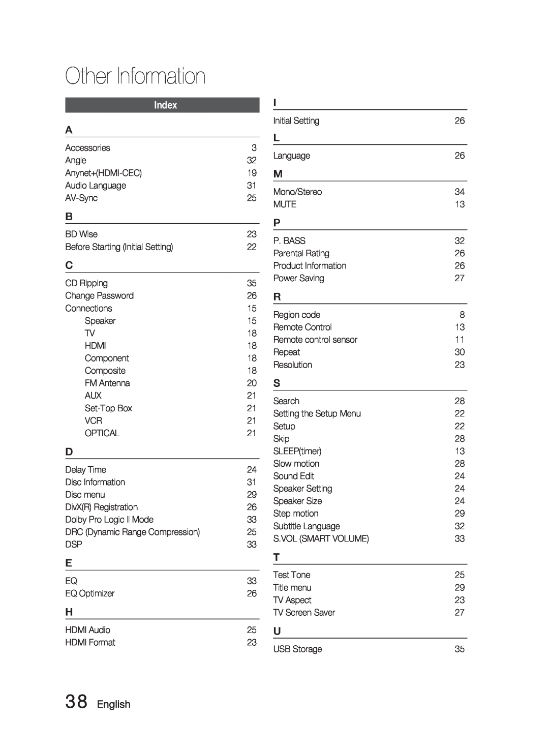 Samsung AH68-02259Q, HT-C463-XAC user manual Index, English, Other Information 