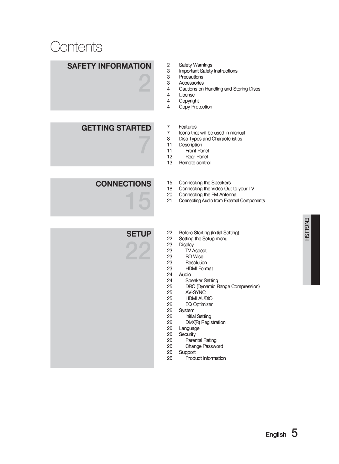 Samsung HT-C463-XAC, AH68-02259Q user manual Contents, Getting Started, Connections, Setup, Safety Information, English 