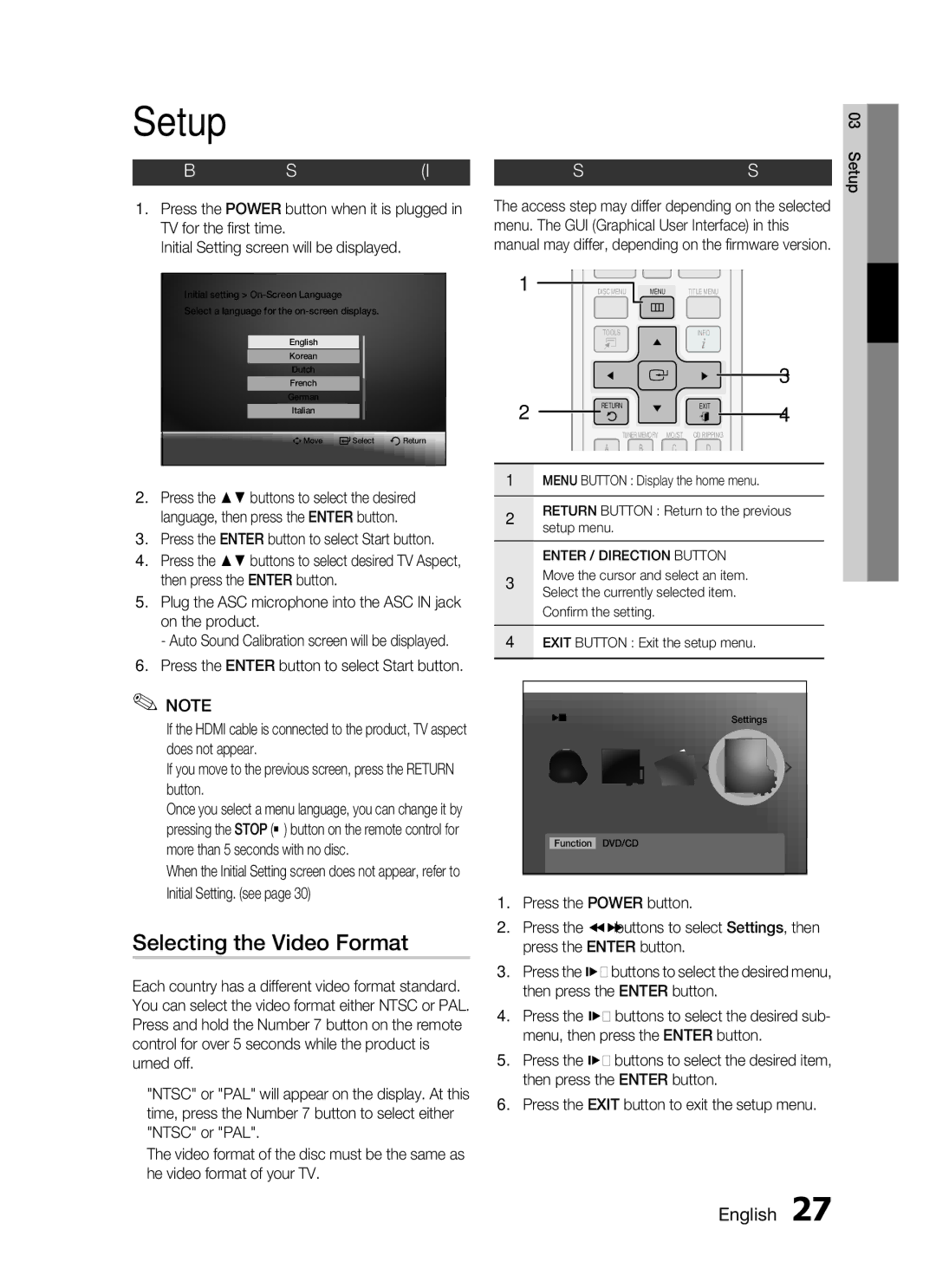 Samsung HT-C655W, AH68-02269K Selecting the Video Format, Before Starting Initial Setting, Setting the Setup menu 