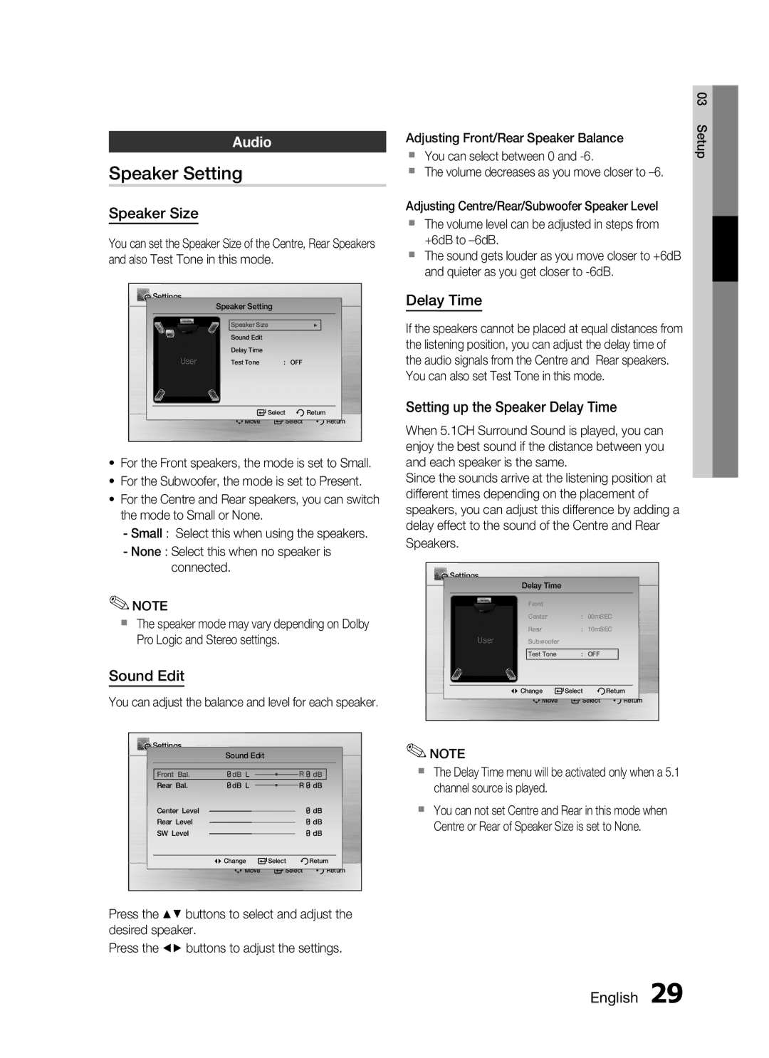 Samsung HT-C555, AH68-02269K, HT-C650W, HT-C553, HT-C653W, HT-C550, HT-C655W user manual Speaker Setting, Audio 