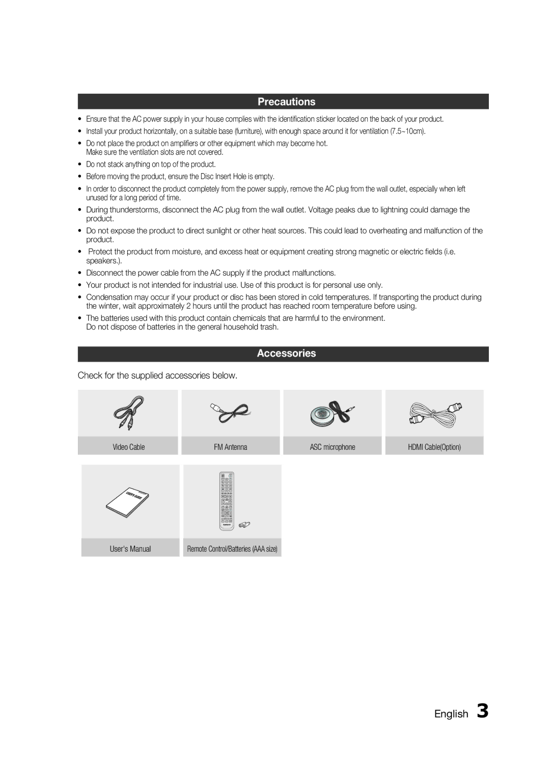 Samsung HT-C553, AH68-02269K, HT-C555, HT-C550 Precautions, Accessories, English , Check for the supplied accessories below 