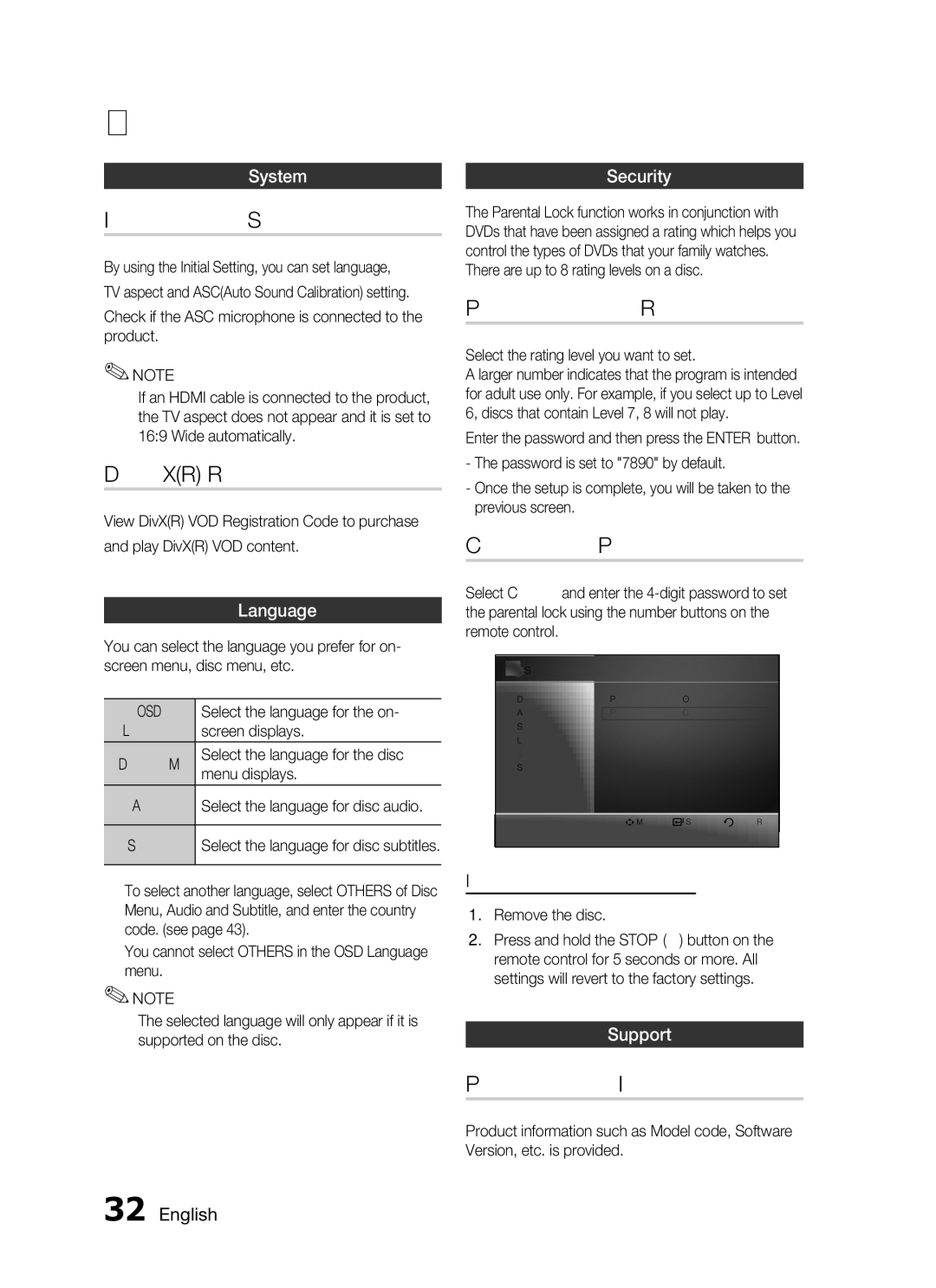 Samsung HT-C653W, AH68-02269K Initial Setting, DivXR Registration, Parental Rating, Change Password, Product Information 