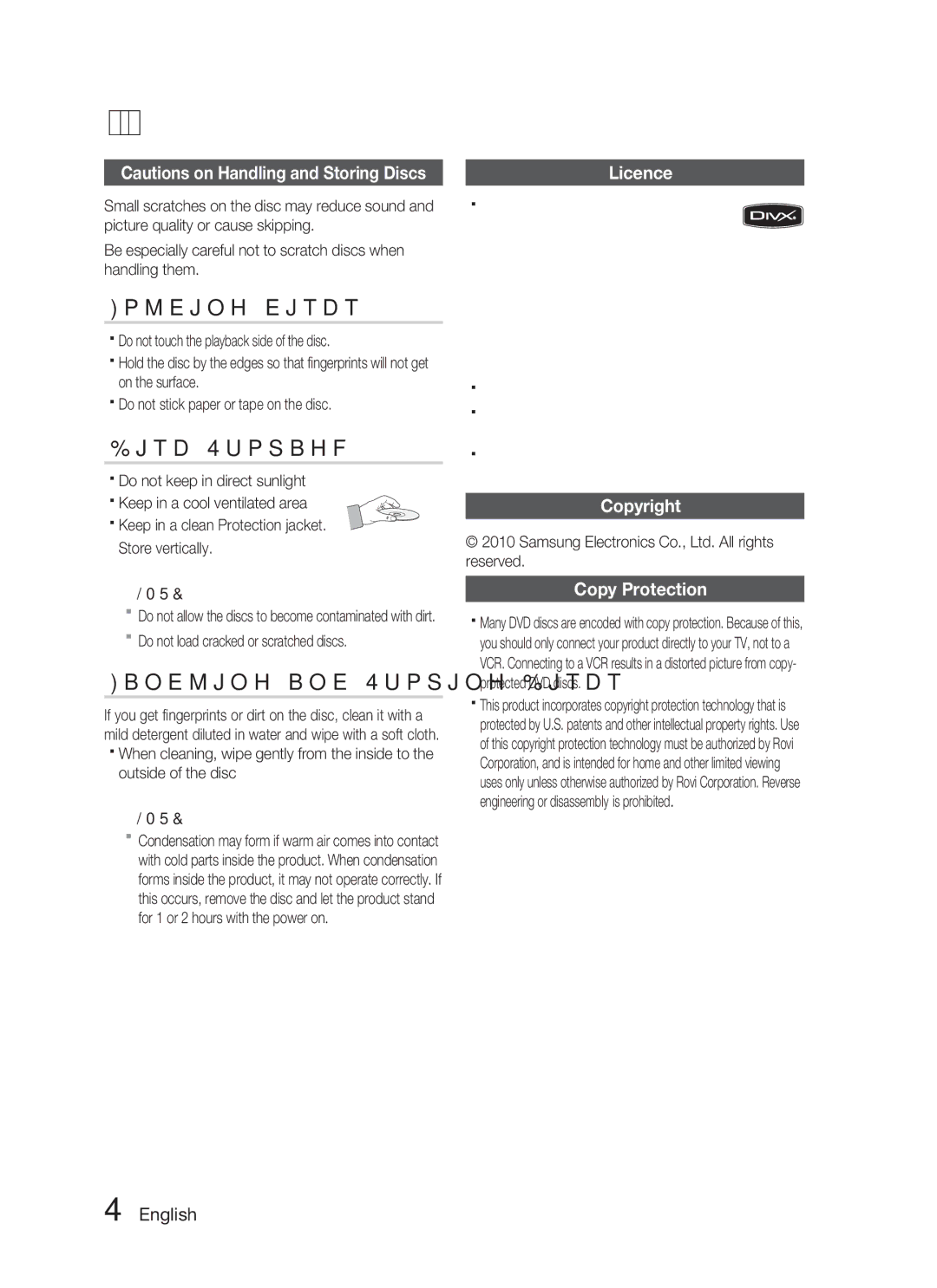 Samsung HT-C653W, AH68-02269K Holding discs, Disc Storage, Handling and Storing Discs, Licence, Copyright Copy Protection 