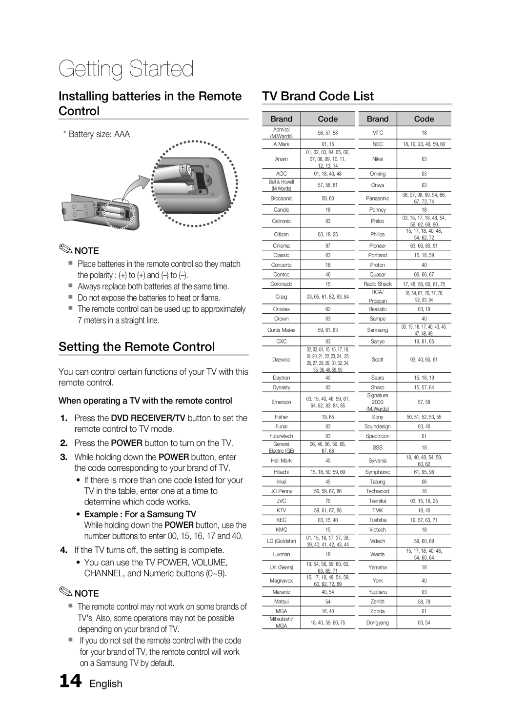 Samsung AH68-02269K Installing batteries in the Remote Control, TV Brand Code List, Setting the Remote Control, English 
