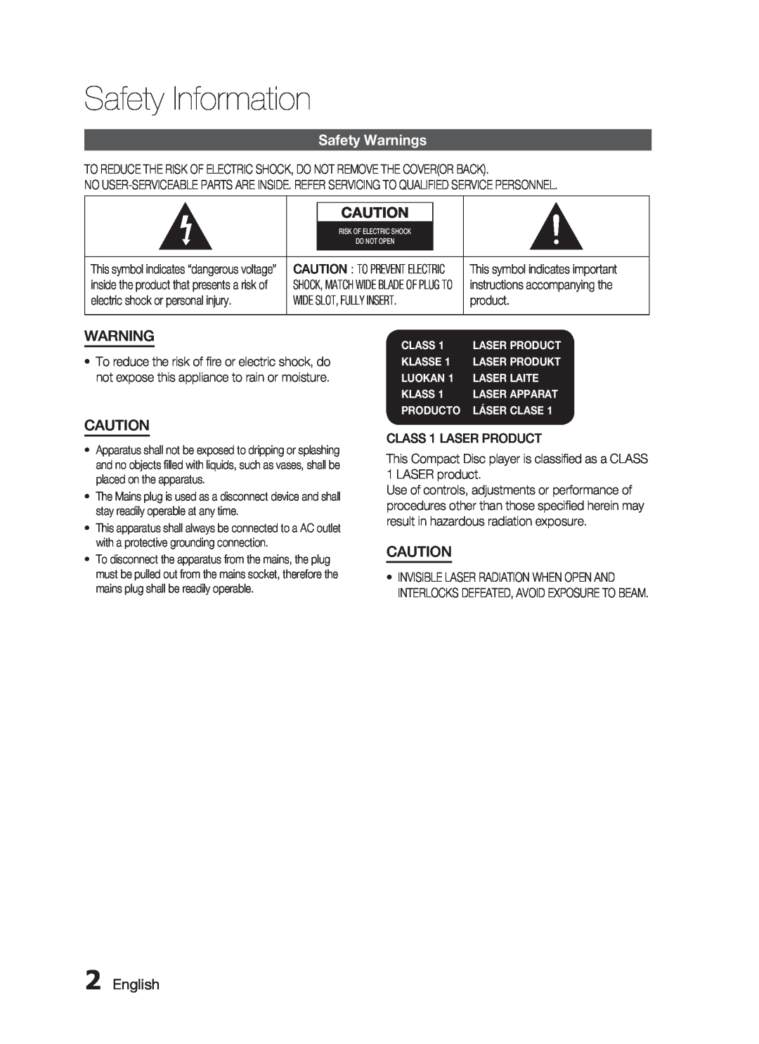 Samsung HT-C650W, HT-C555 Safety Information, Safety Warnings, Class, Klasse, Luokan, Laser Laite, Laser Apparat, Producto 