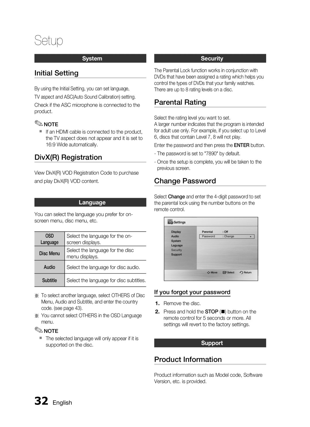 Samsung HT-C653W Initial Setting, DivXR Registration, Parental Rating, Change Password, Product Information, System, Setup 