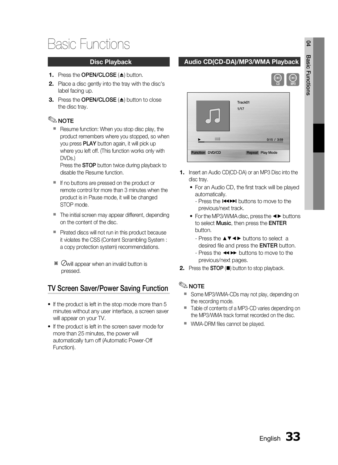 Samsung HT-C550 Basic Functions, TV Screen Saver/Power Saving Function, Disc Playback, Audio CDCD-DA/MP3/WMAPlayback 