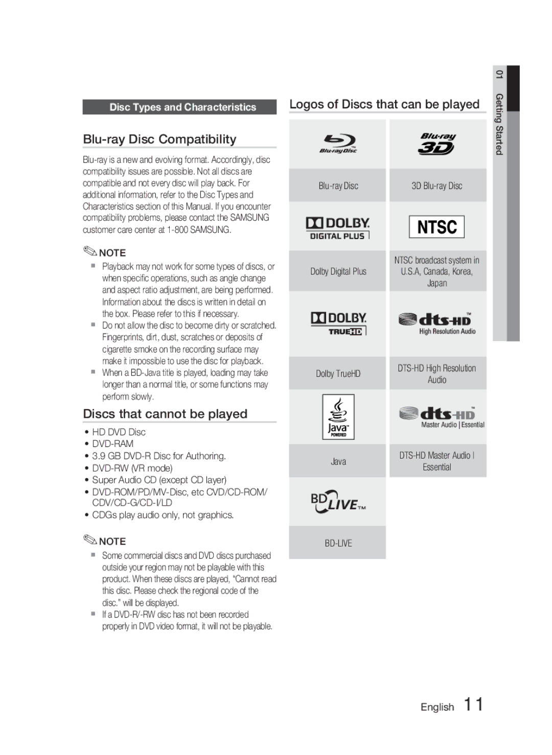 Samsung AH68-02279R Blu-ray Disc Compatibility, Discs that cannot be played, Disc Types and Characteristics, Dvd-Ram 