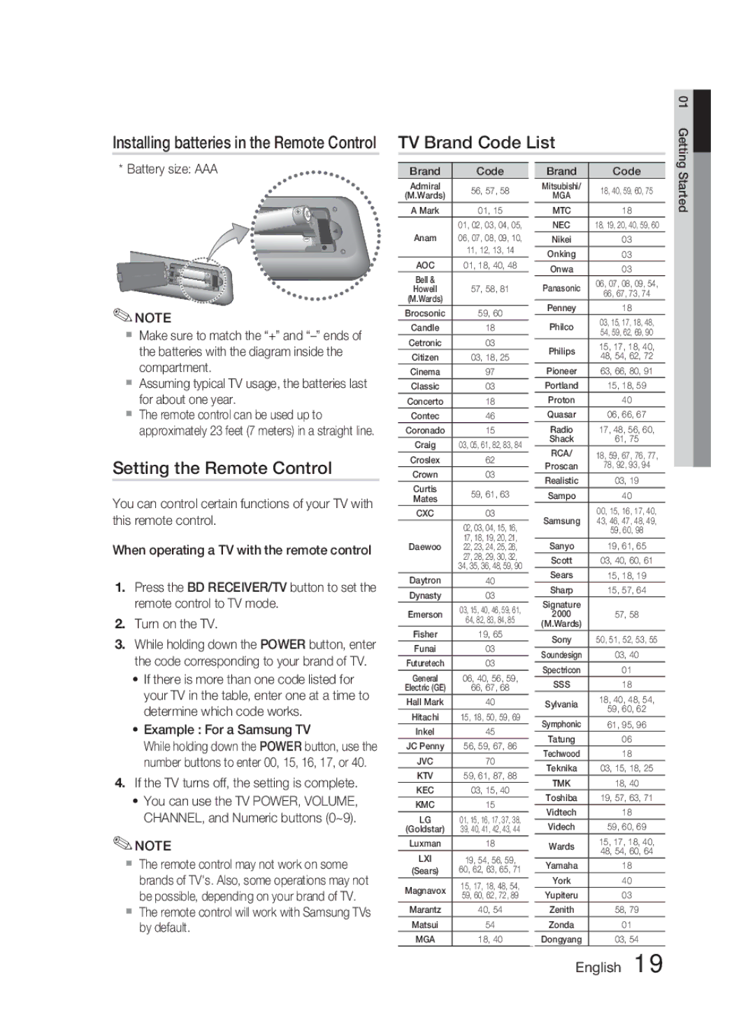 Samsung AH68-02279R TV Brand Code List, Setting the Remote Control, If the TV turns off, the setting is complete 