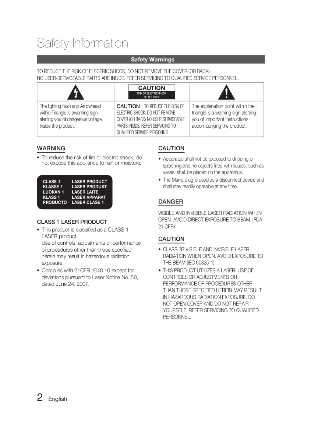 Samsung AH68-02279R user manual Safety Information, Safety Warnings, English 