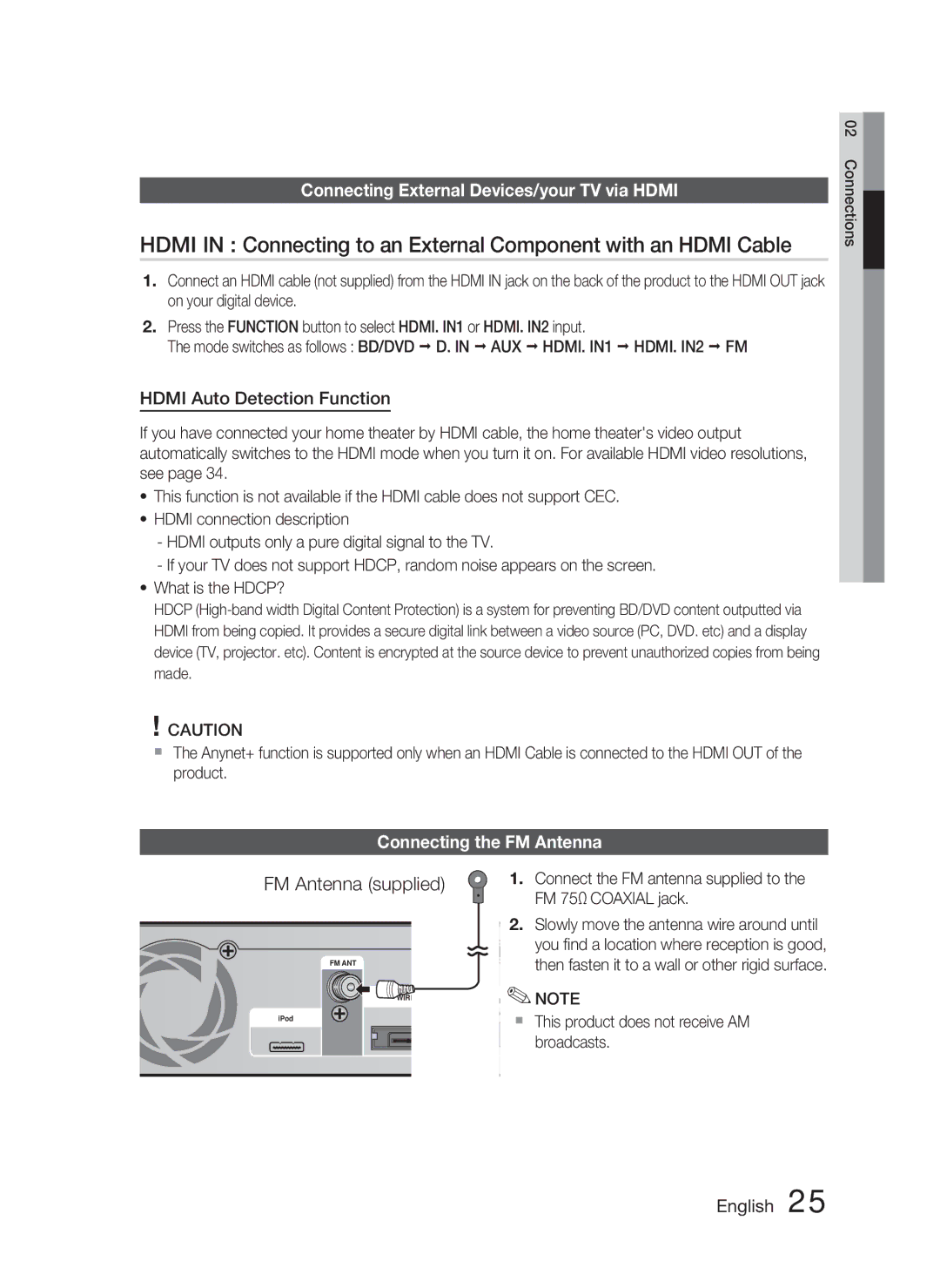 Samsung AH68-02279R Hdmi Auto Detection Function, Connecting the FM Antenna,  This product does not receive AM broadcasts 