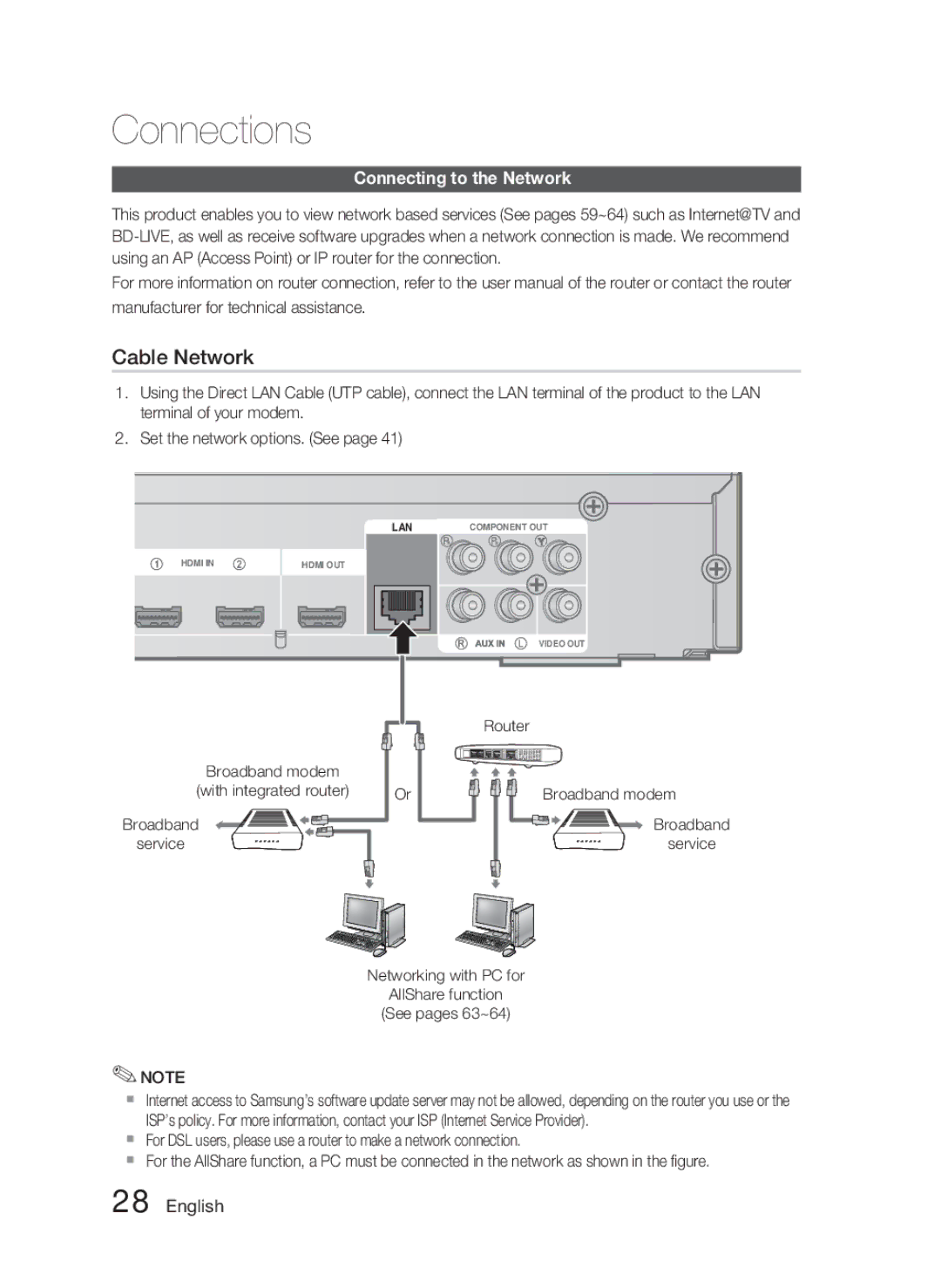 Samsung AH68-02279R user manual Cable Network, Connecting to the Network 