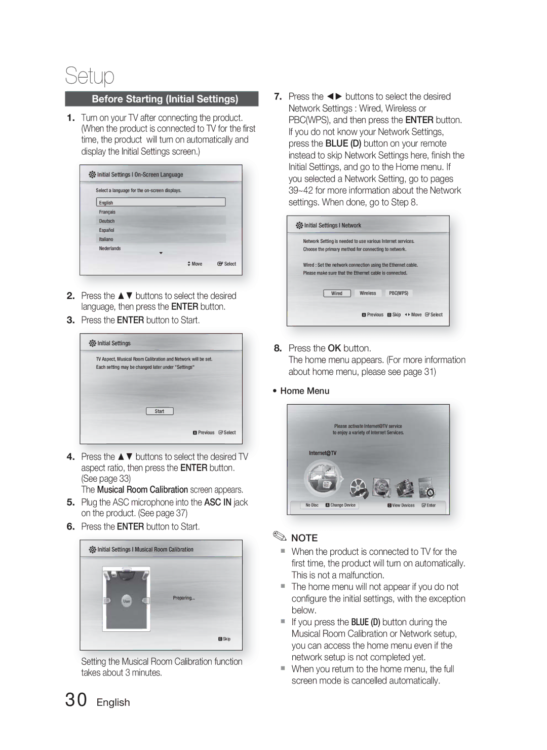 Samsung AH68-02279R Setup, Before Starting Initial Settings, Press the Enter button to Start, Press the OK button 