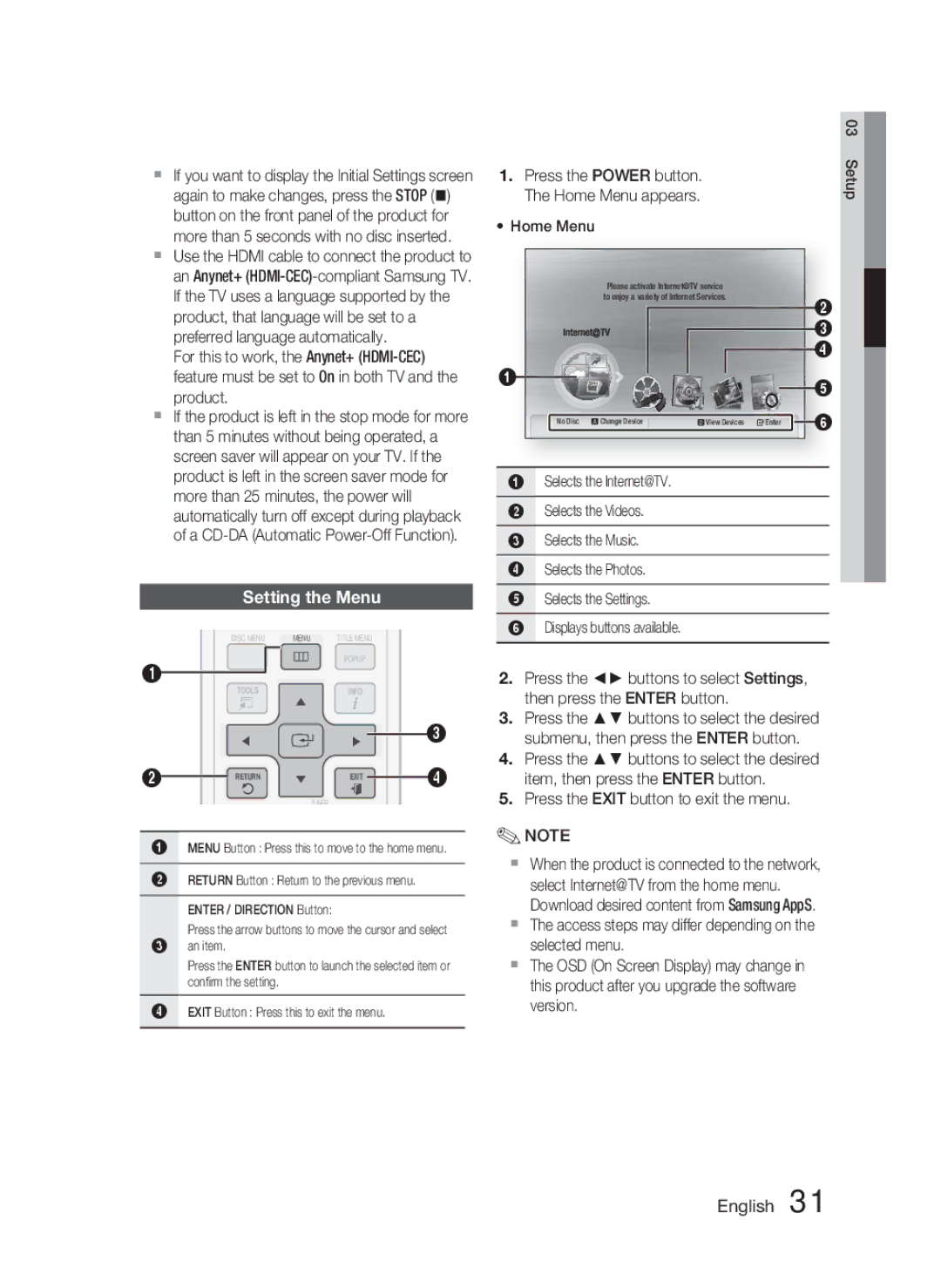 Samsung AH68-02279R user manual Setting the Menu 