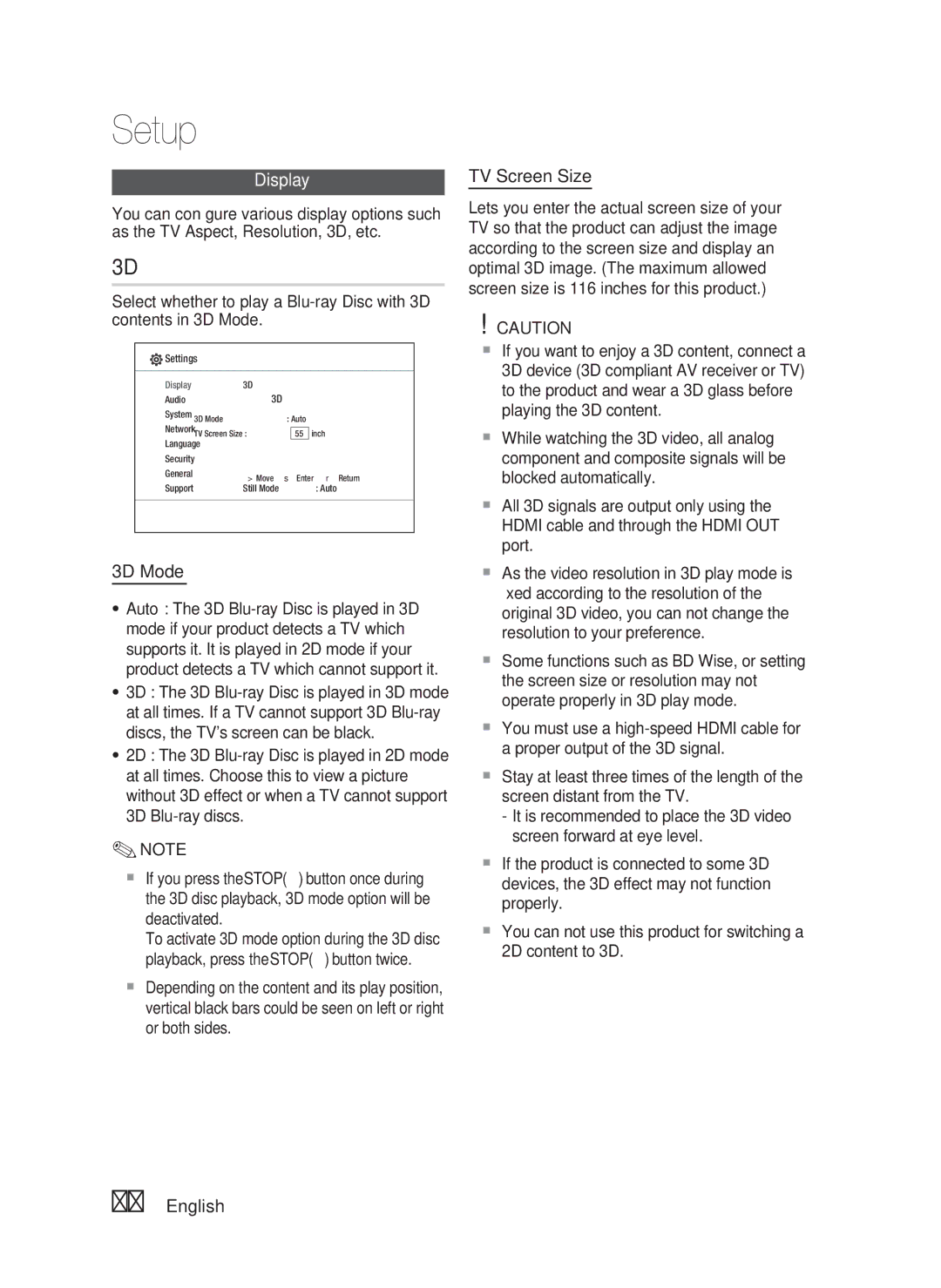 Samsung AH68-02279R user manual Display, 3D Mode, TV Screen Size 