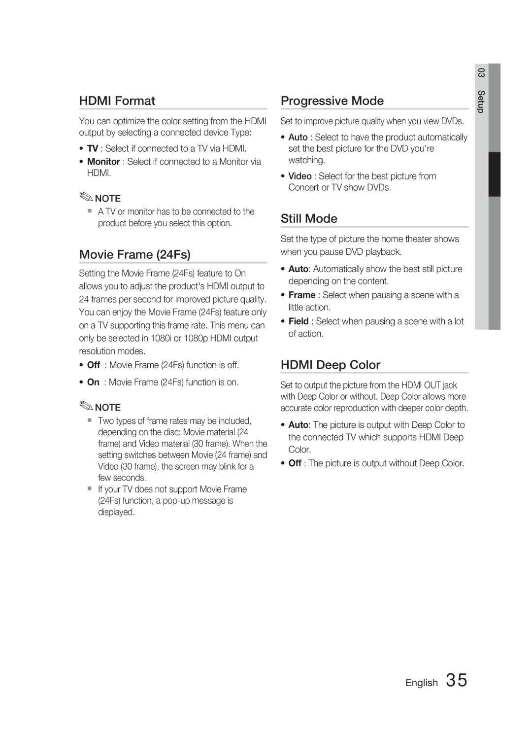 Samsung AH68-02279R user manual Hdmi Format, Movie Frame 24Fs, Progressive Mode, Still Mode, Hdmi Deep Color 