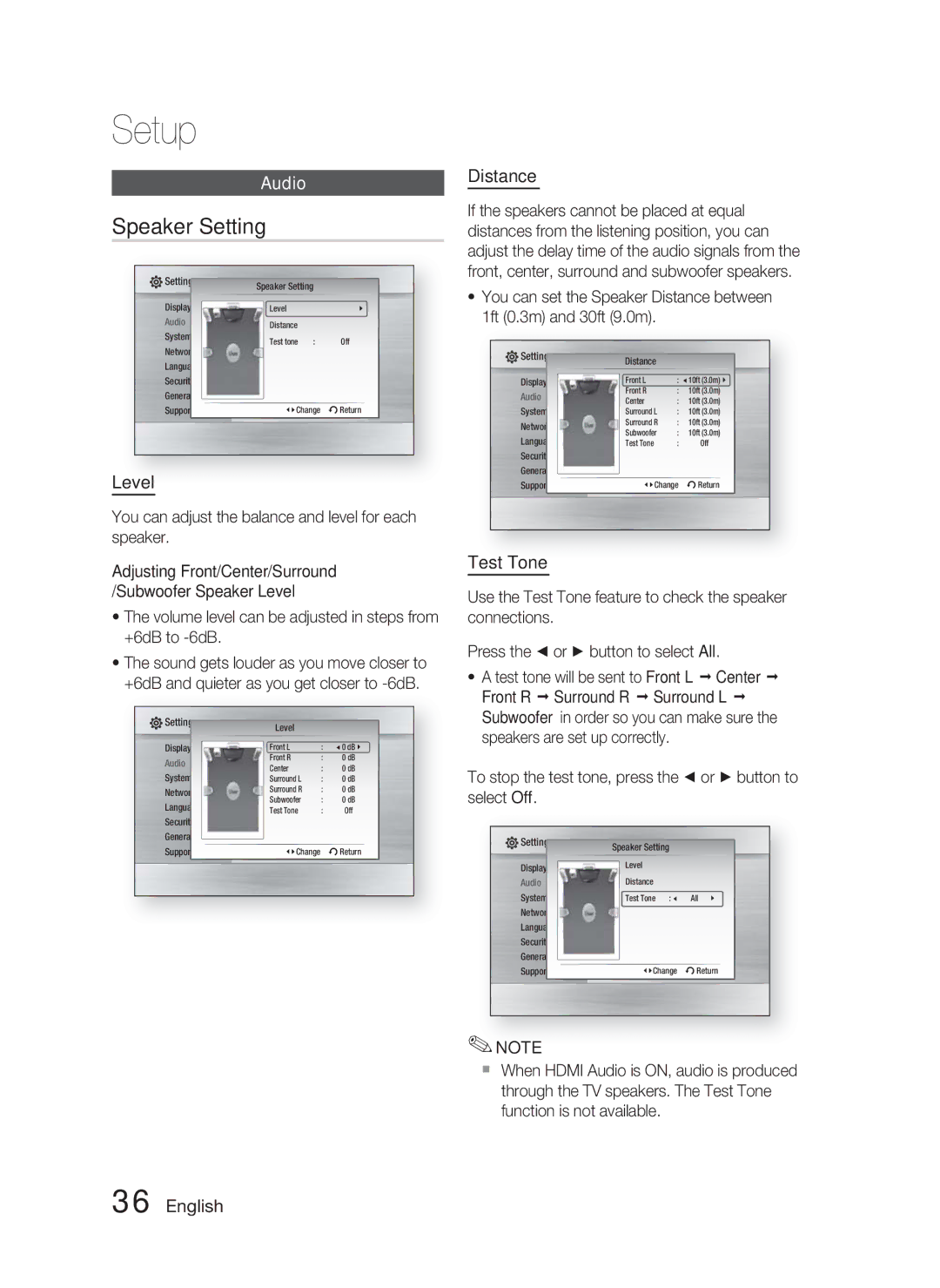 Samsung AH68-02279R user manual Speaker Setting, Audio, Level, Distance, Test Tone 