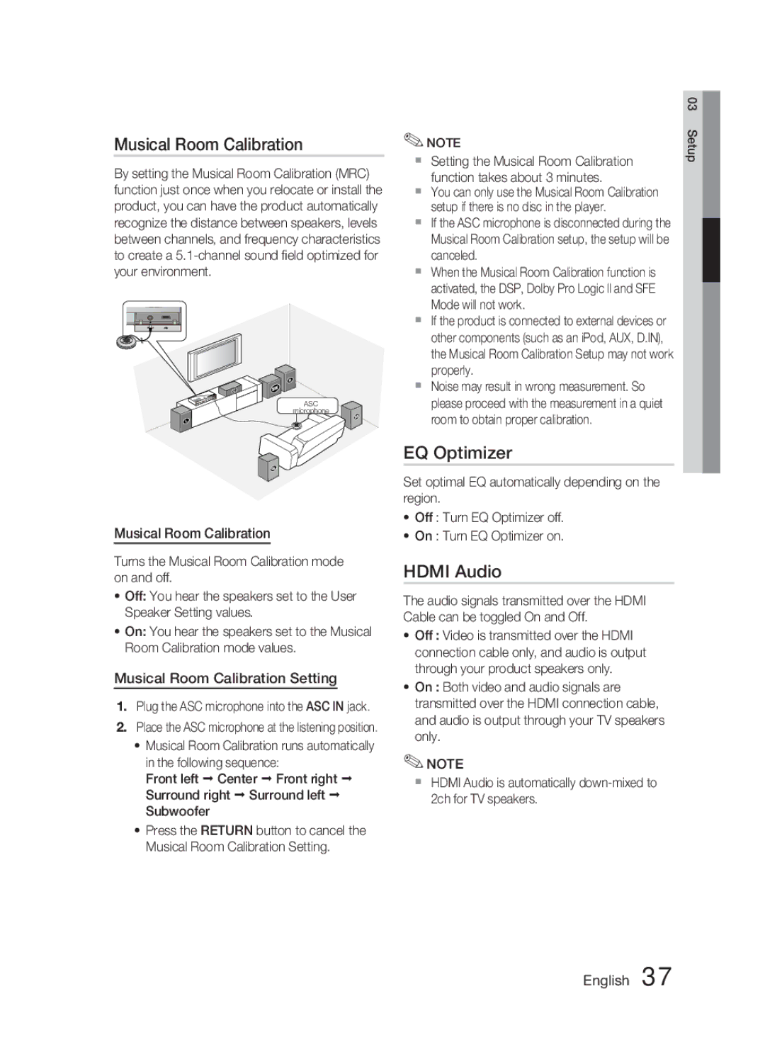 Samsung AH68-02279R user manual EQ Optimizer, Hdmi Audio, Musical Room Calibration Setting 