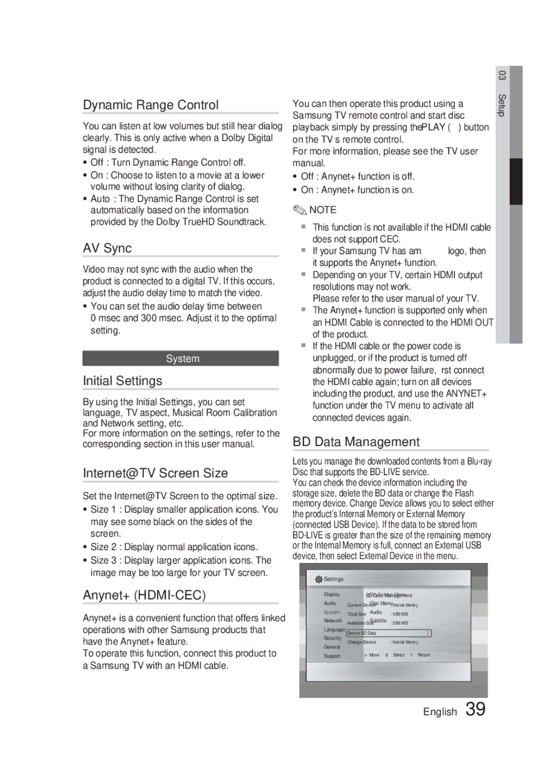 Samsung AH68-02279R user manual Dynamic Range Control, AV Sync, Initial Settings, Internet@TV Screen Size, Anynet+ HDMI-CEC 