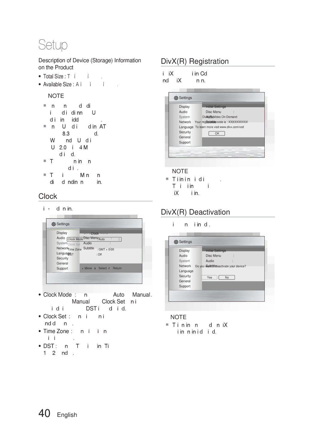 Samsung AH68-02279R user manual Clock, DivXR Registration, DivXR Deactivation, Set time-related functions 