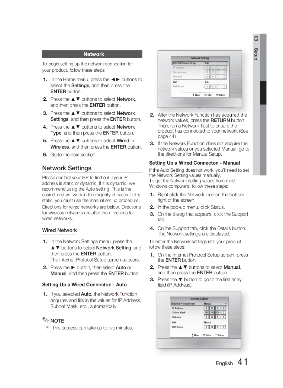 Samsung AH68-02279R user manual Network Settings, Wired Network 