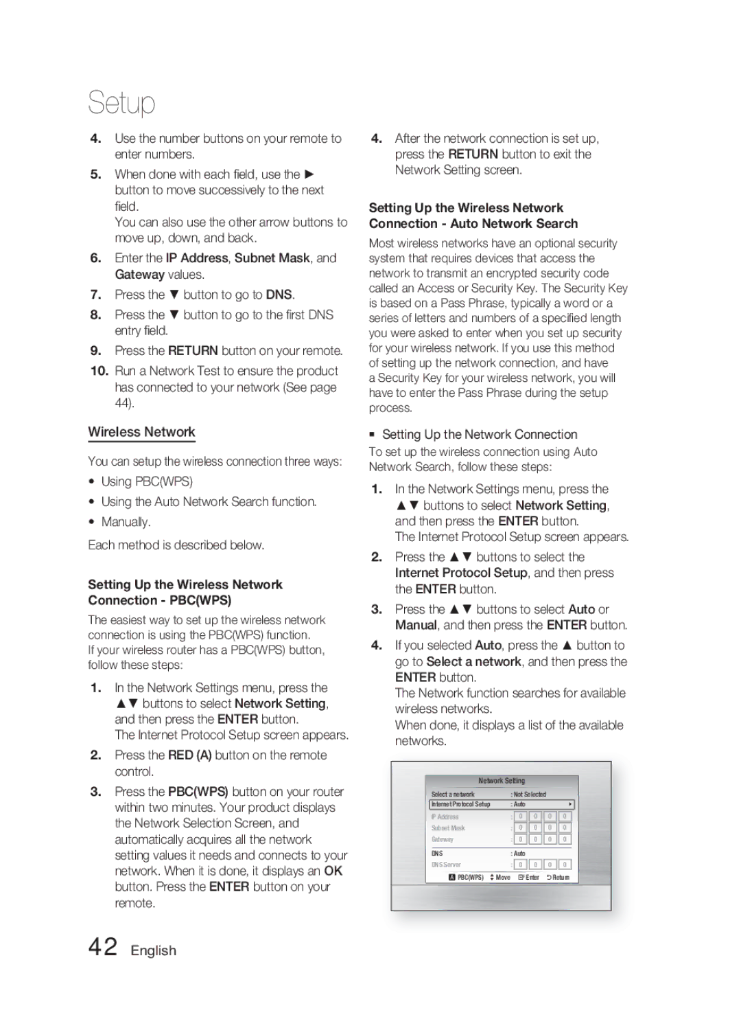 Samsung AH68-02279R user manual Setting Up the Wireless Network Connection Pbcwps 