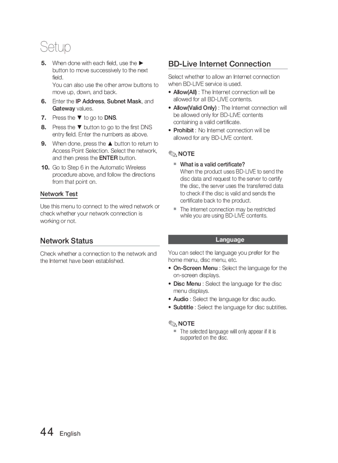 Samsung AH68-02279R user manual BD-Live Internet Connection, Network Status, Network Test, Language 