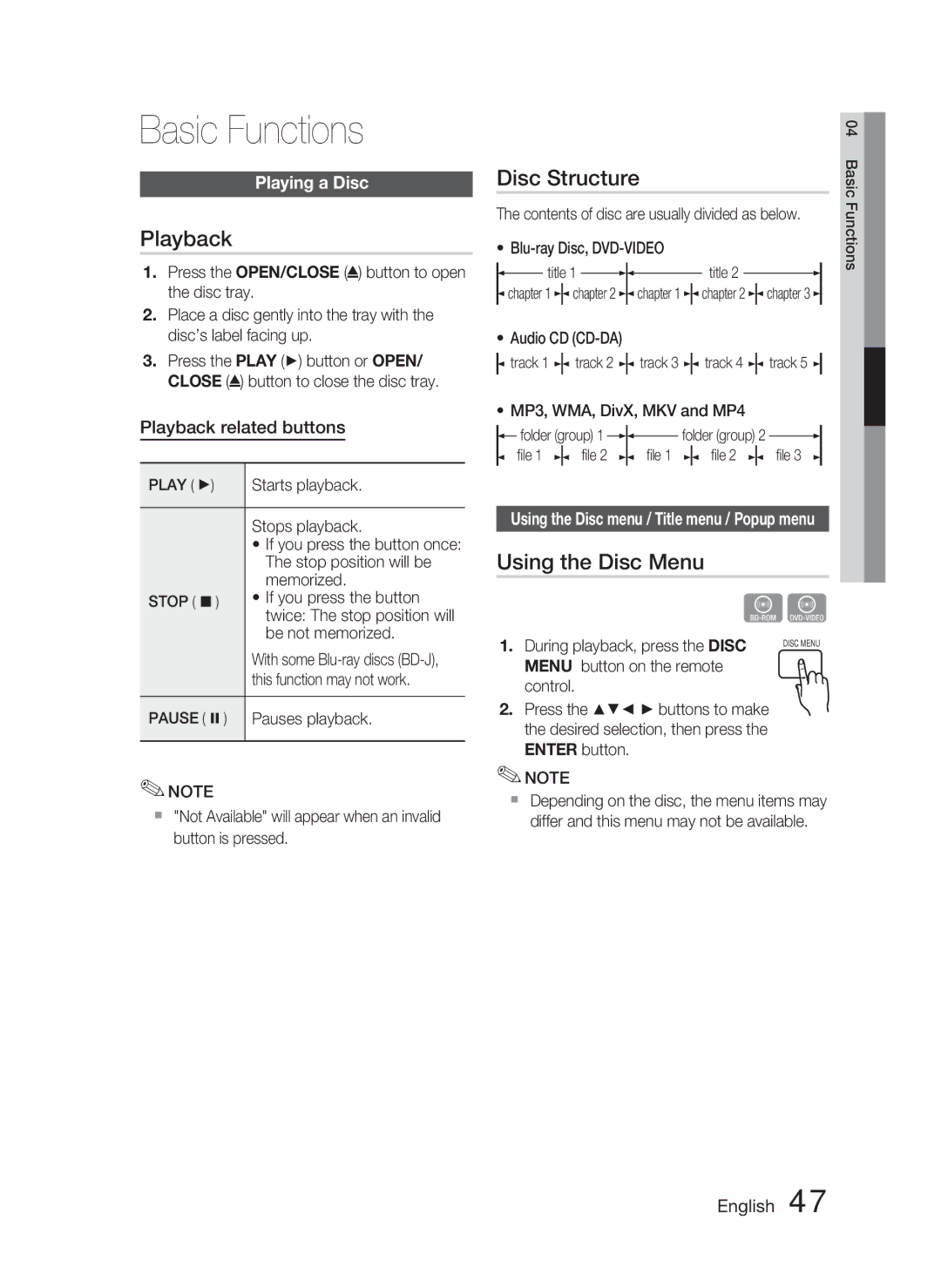 Samsung AH68-02279R user manual Basic Functions, Playback, Disc Structure, Using the Disc Menu, Playing a Disc 