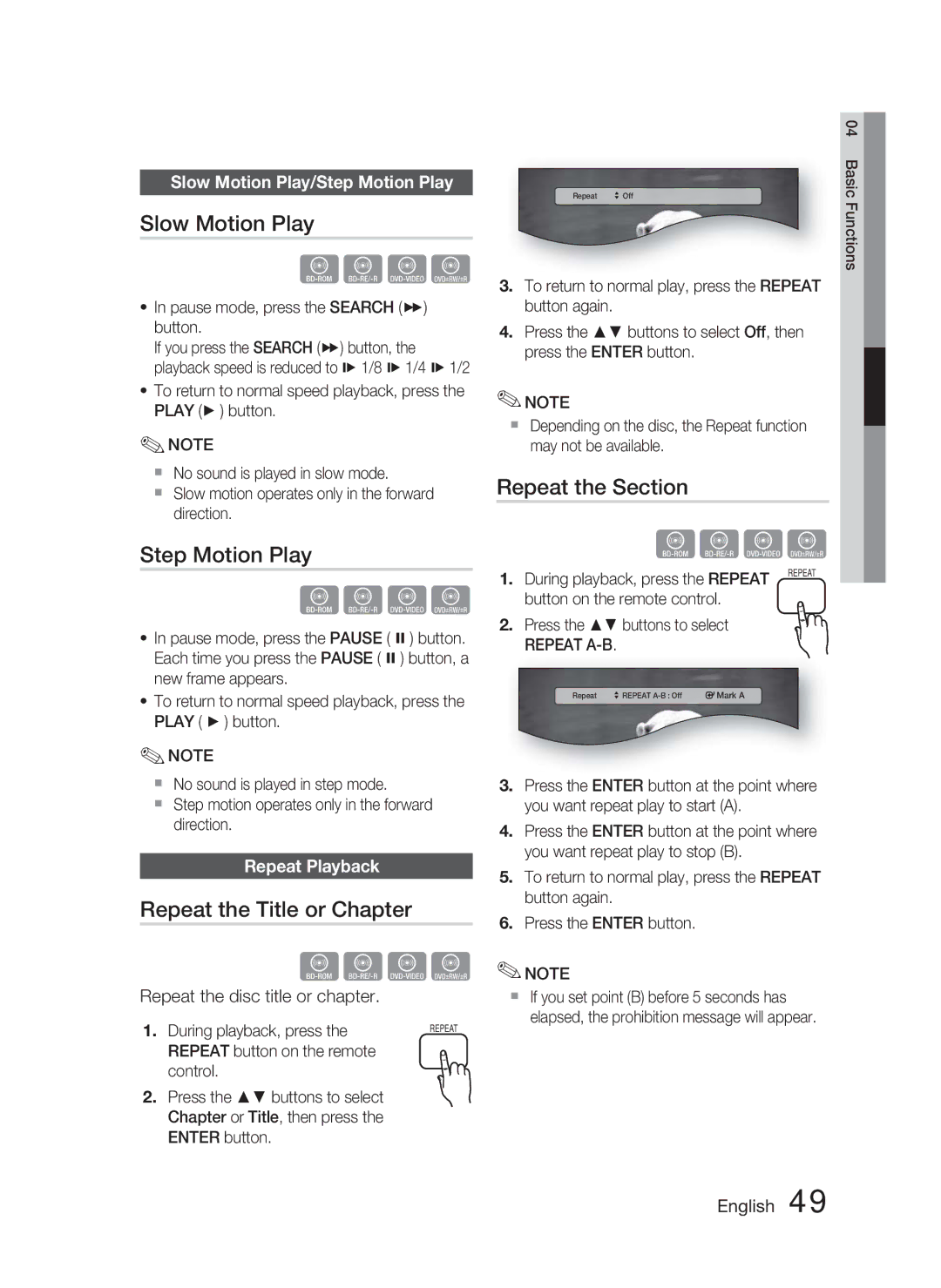 Samsung AH68-02279R user manual Slow Motion Play, Step Motion Play, Repeat the Title or Chapter, Repeat the Section 