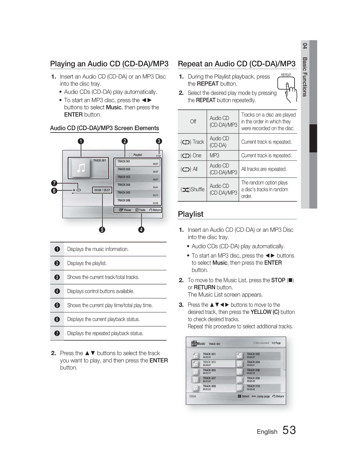 Samsung AH68-02279R user manual Playing an Audio CD CD-DA/MP3 Repeat an Audio CD CD-DA/MP3, Playlist 