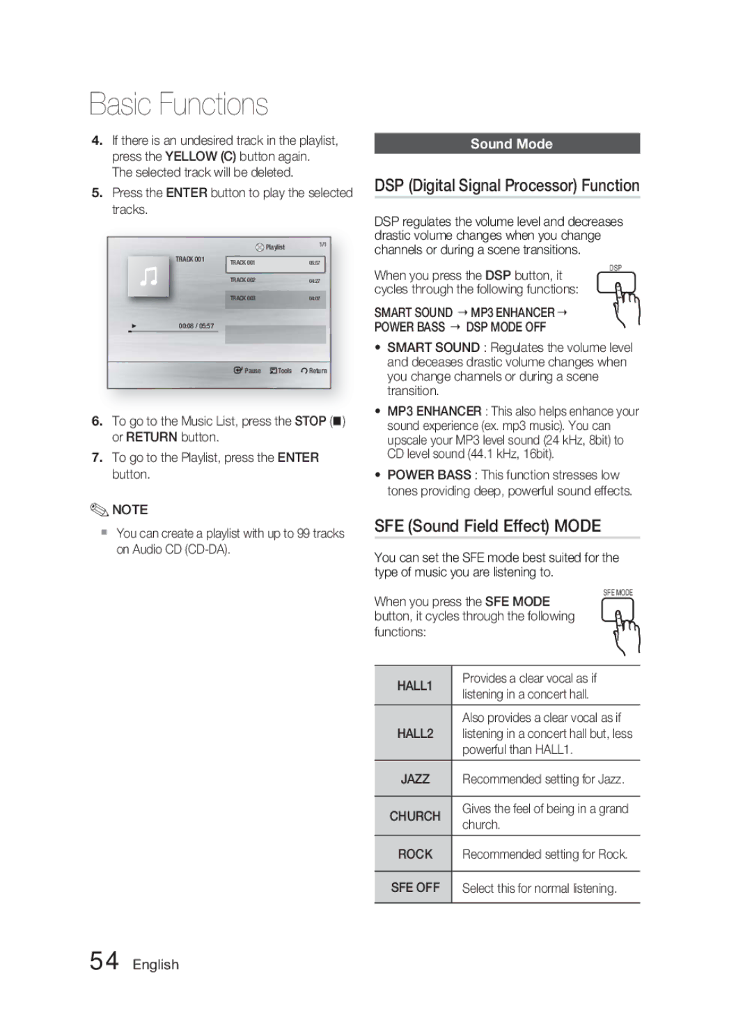 Samsung AH68-02279R user manual DSP Digital Signal Processor Function, SFE Sound Field Effect Mode, Sound Mode 