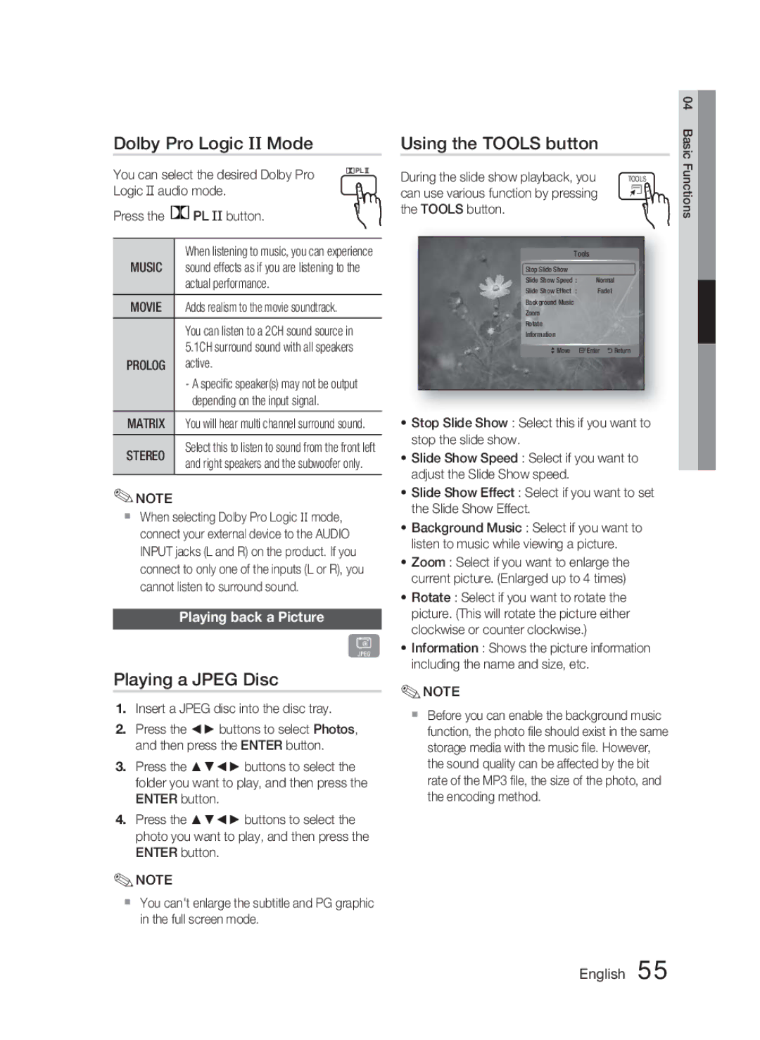 Samsung AH68-02279R Dolby Pro Logic II Mode, Playing a Jpeg Disc, Using the Tools button, Playing back a Picture, Music 