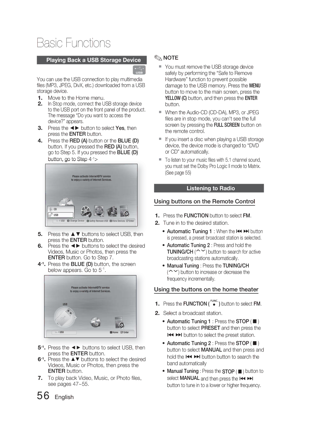 Samsung AH68-02279R user manual Playing Back a USB Storage Device, Listening to Radio, Using buttons on the Remote Control 