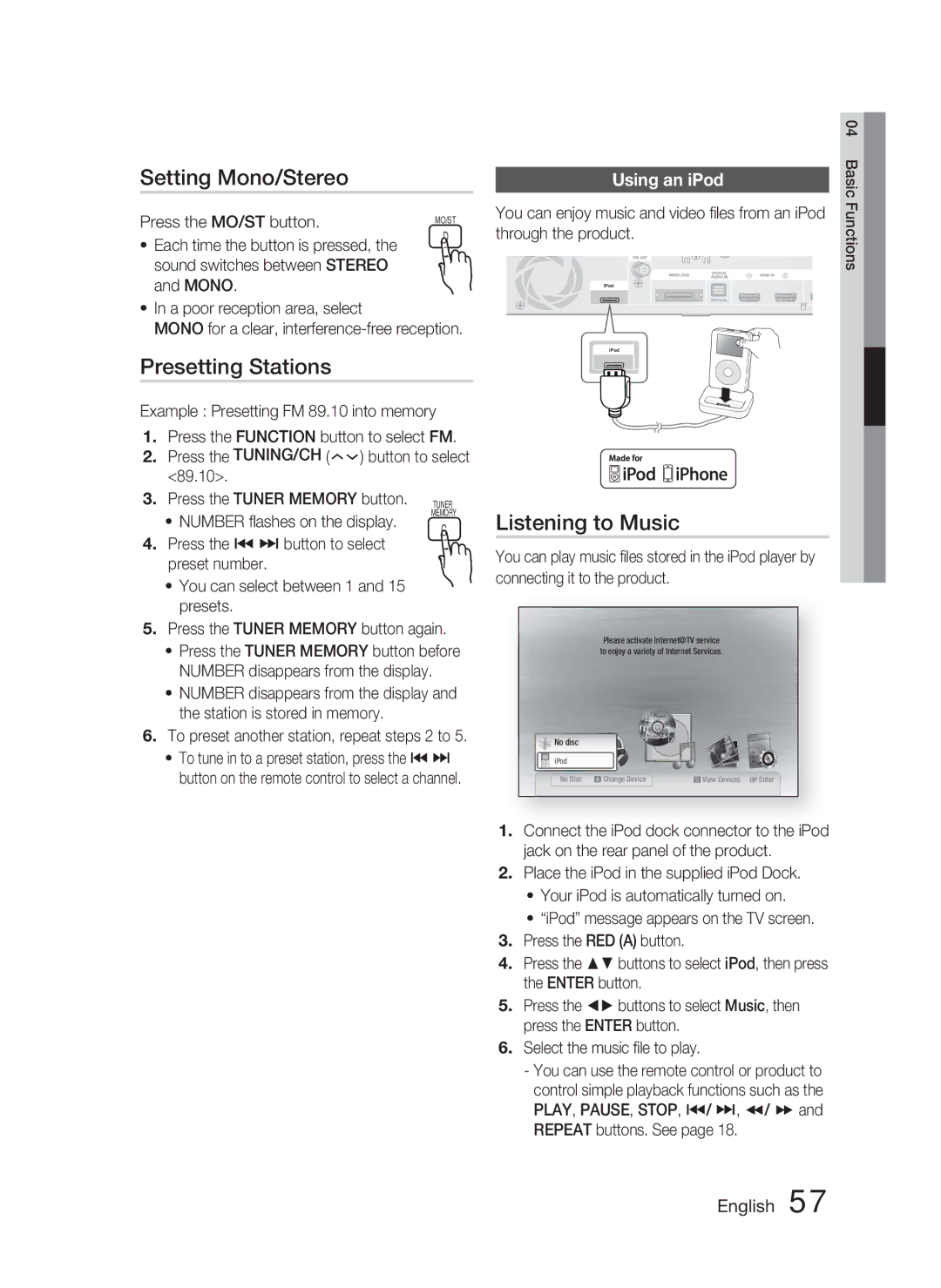 Samsung AH68-02279R user manual Setting Mono/Stereo, Presetting Stations, Listening to Music, Using an iPod 