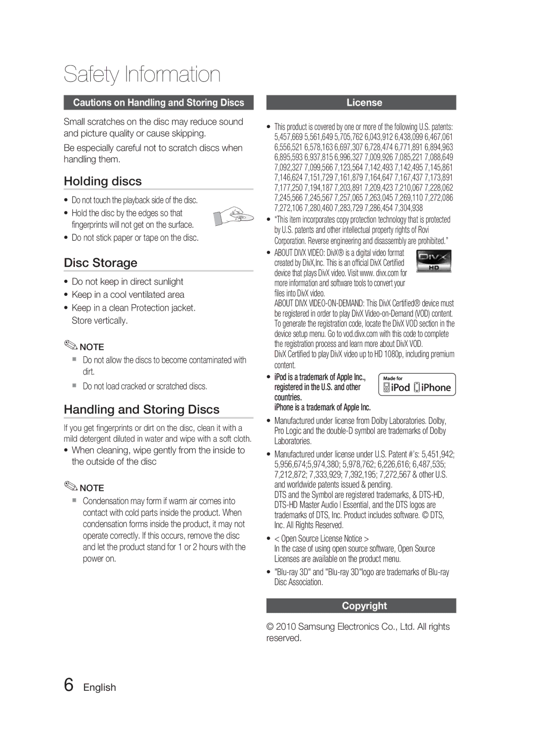 Samsung AH68-02279R user manual Holding discs, Disc Storage, Handling and Storing Discs, License, Copyright 