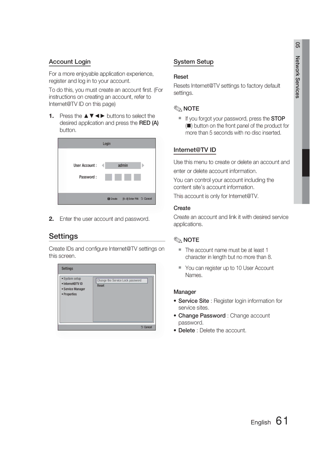 Samsung AH68-02279R user manual Settings, Account Login, System Setup, Internet@TV ID 