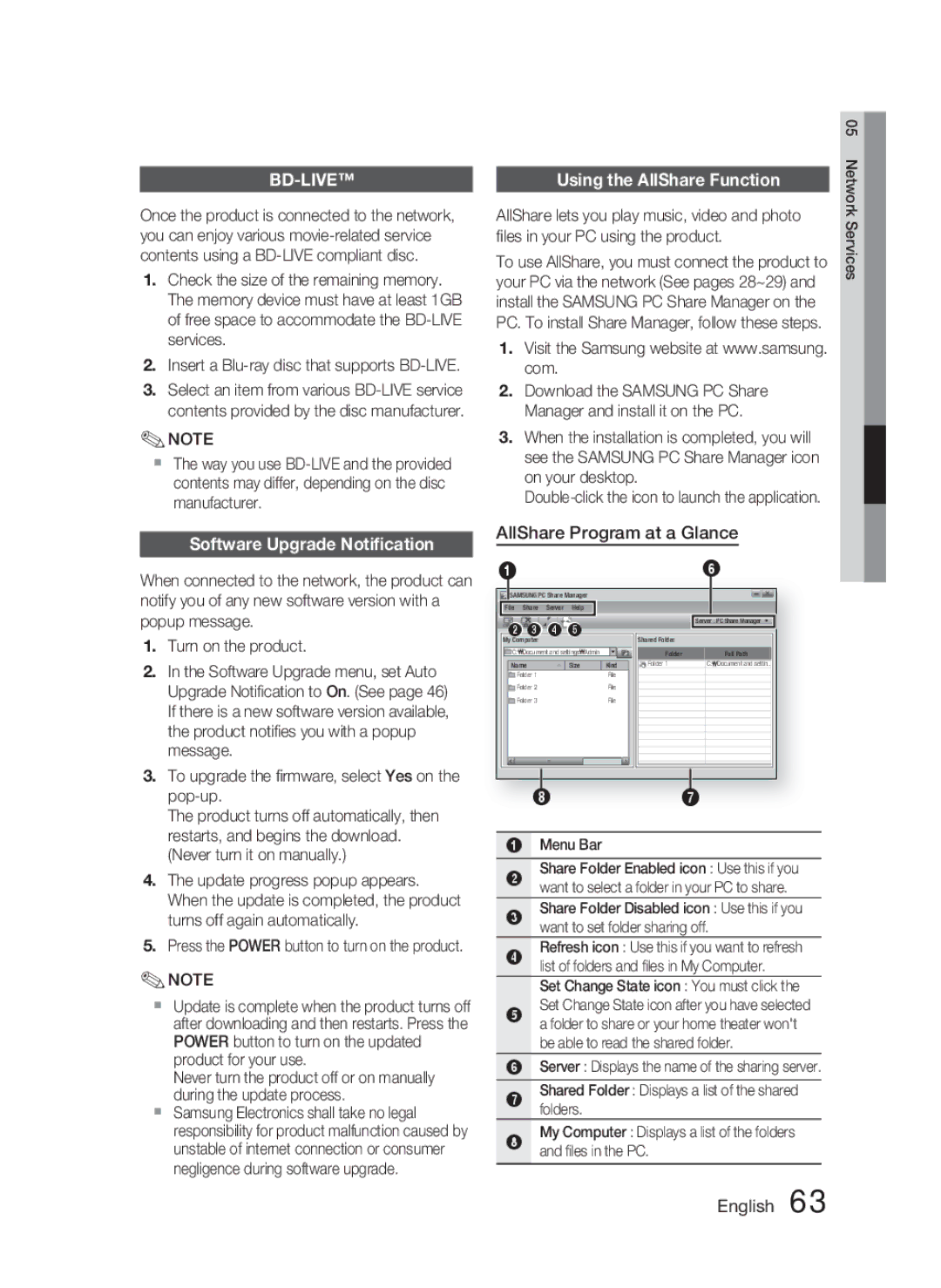 Samsung AH68-02279R Using the AllShare Function, Software Upgrade Notiﬁcation, AllShare Program at a Glance, Menu Bar 