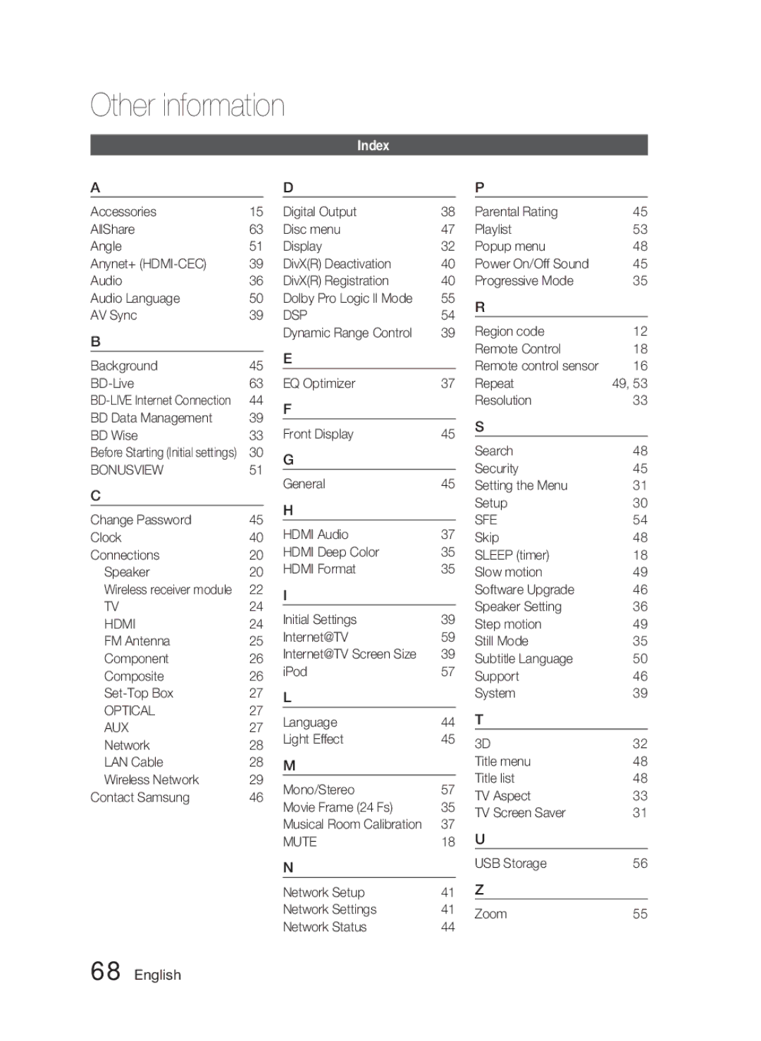 Samsung AH68-02279R user manual Index 