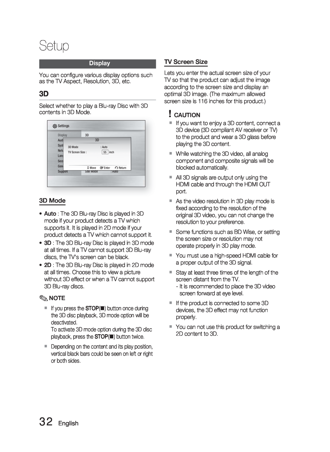 Samsung AH68-02279R user manual Display, 3D Mode, TV Screen Size, English, Setup 
