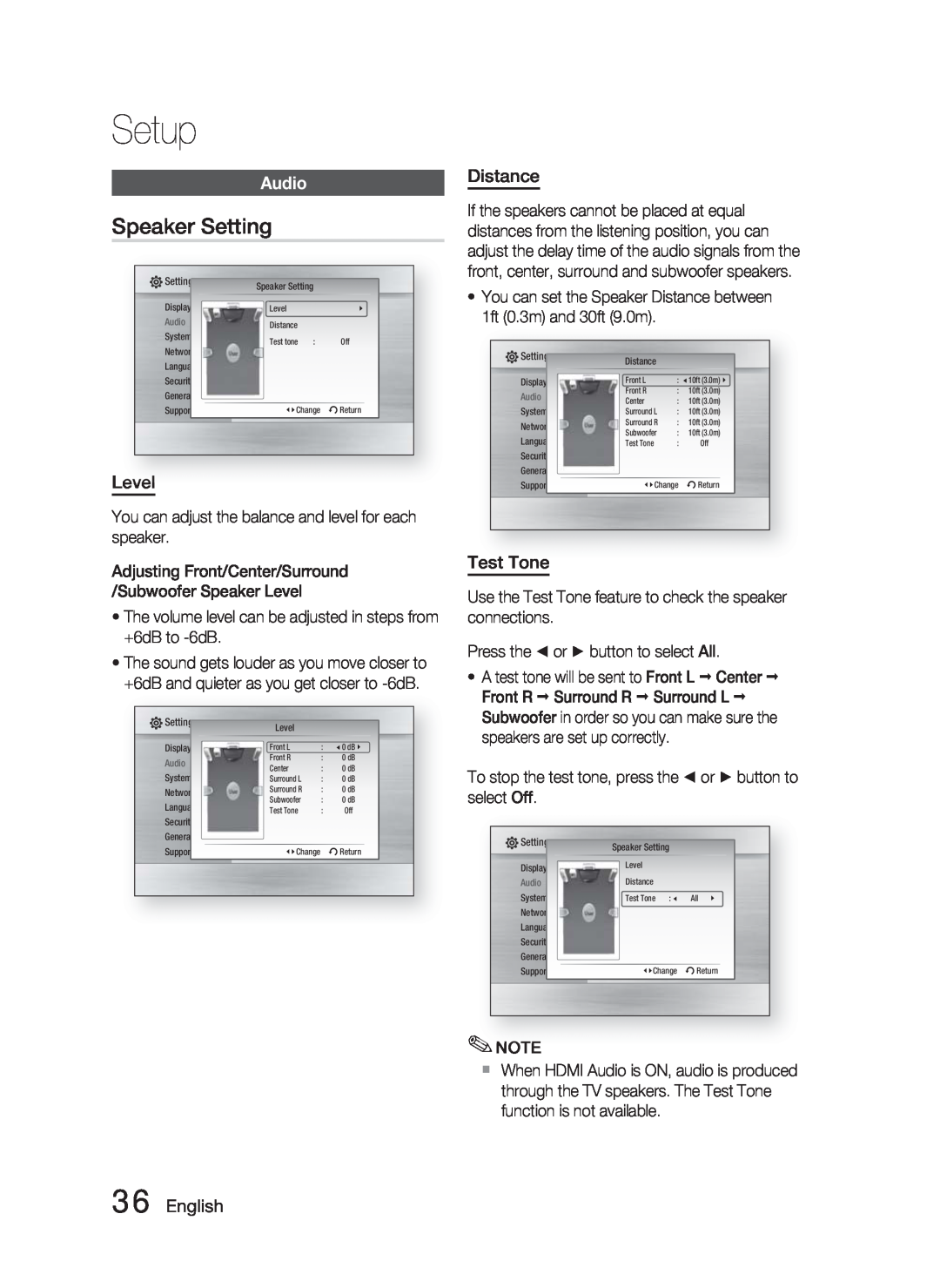 Samsung AH68-02279R user manual Speaker Setting, Audio, Level, Distance, Test Tone, English, Setup 