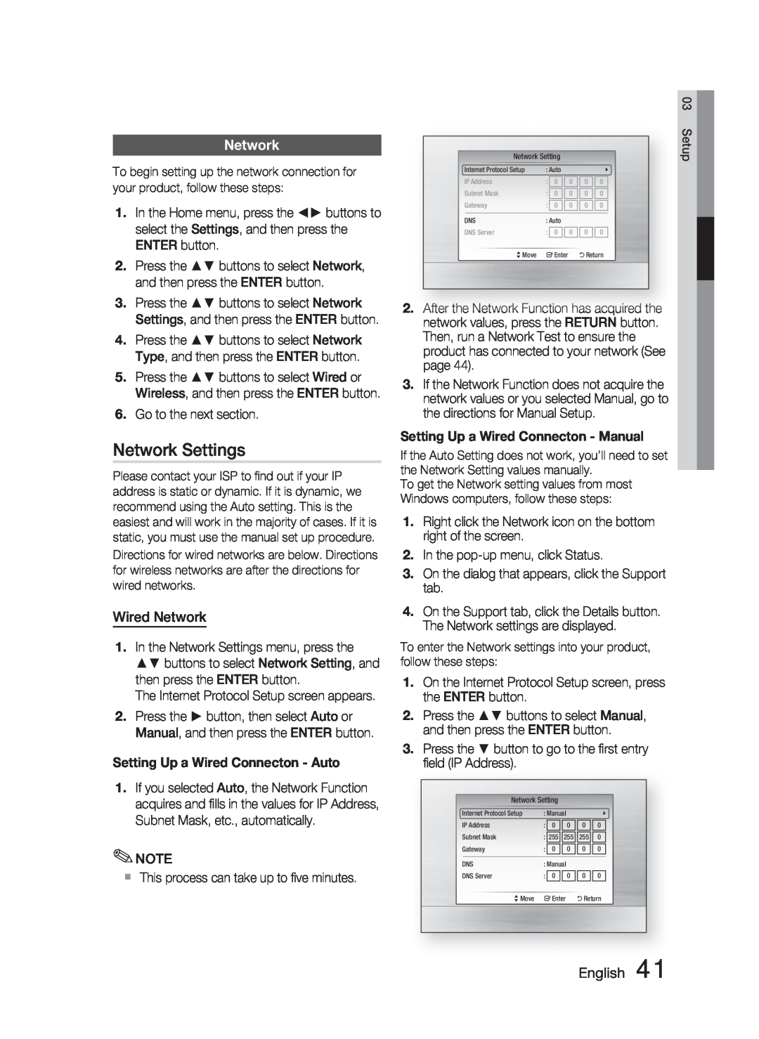 Samsung AH68-02279R user manual Network Settings, Wired Network, English 