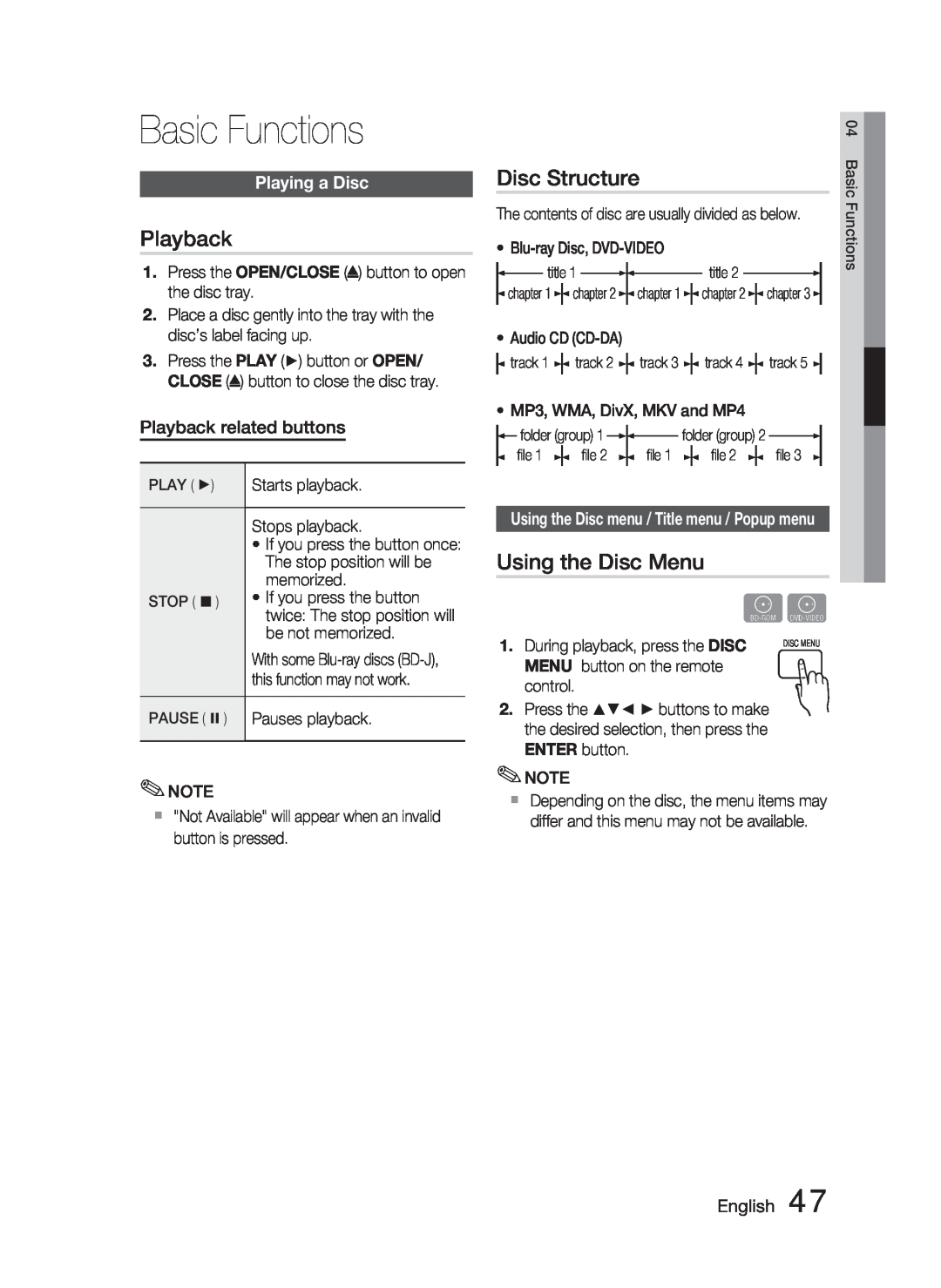 Samsung AH68-02279R user manual Basic Functions, Playback, Disc Structure, Using the Disc Menu, Playing a Disc, English 