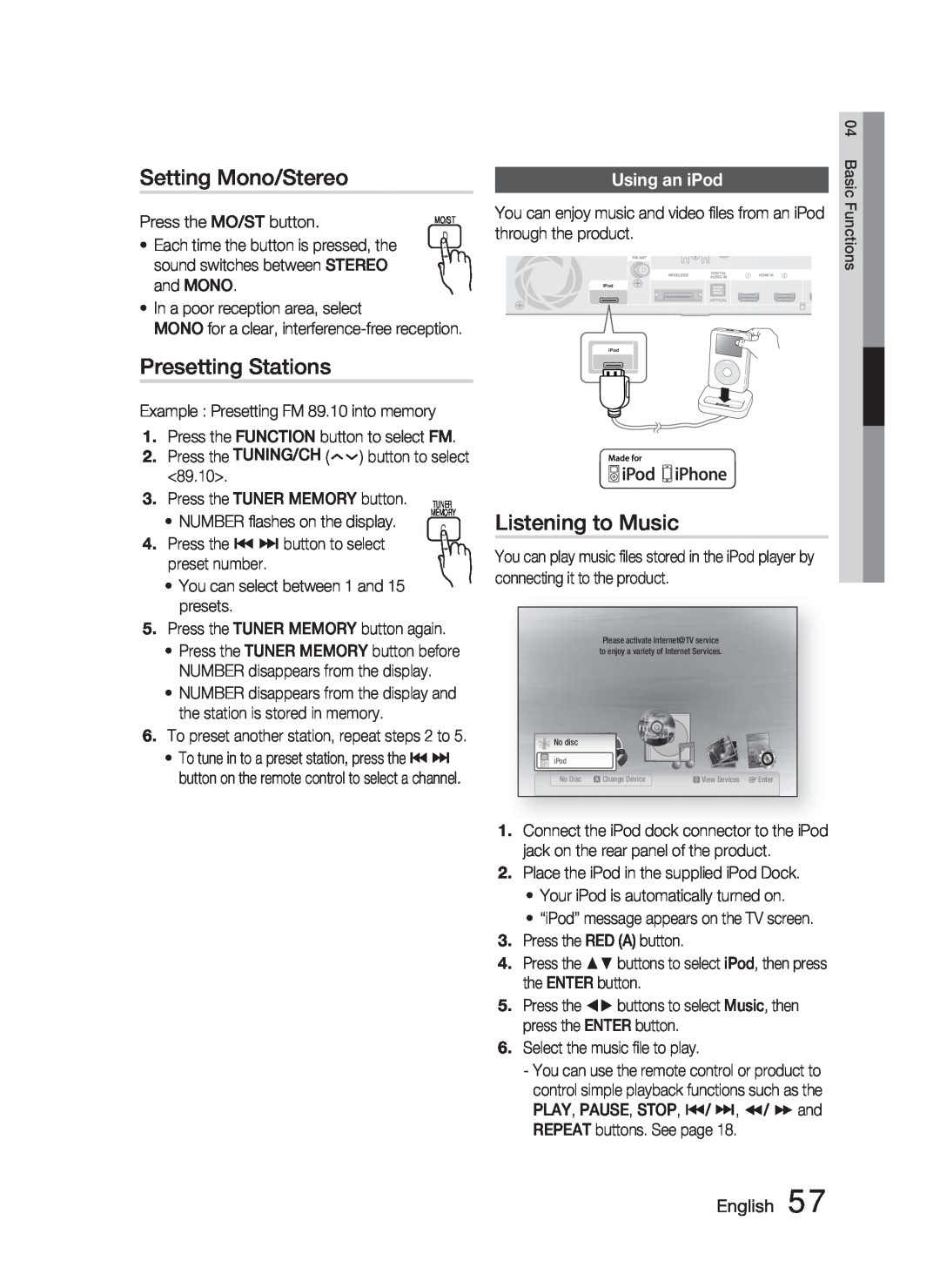 Samsung AH68-02279R user manual Setting Mono/Stereo, Presetting Stations, Listening to Music, Using an iPod, English 