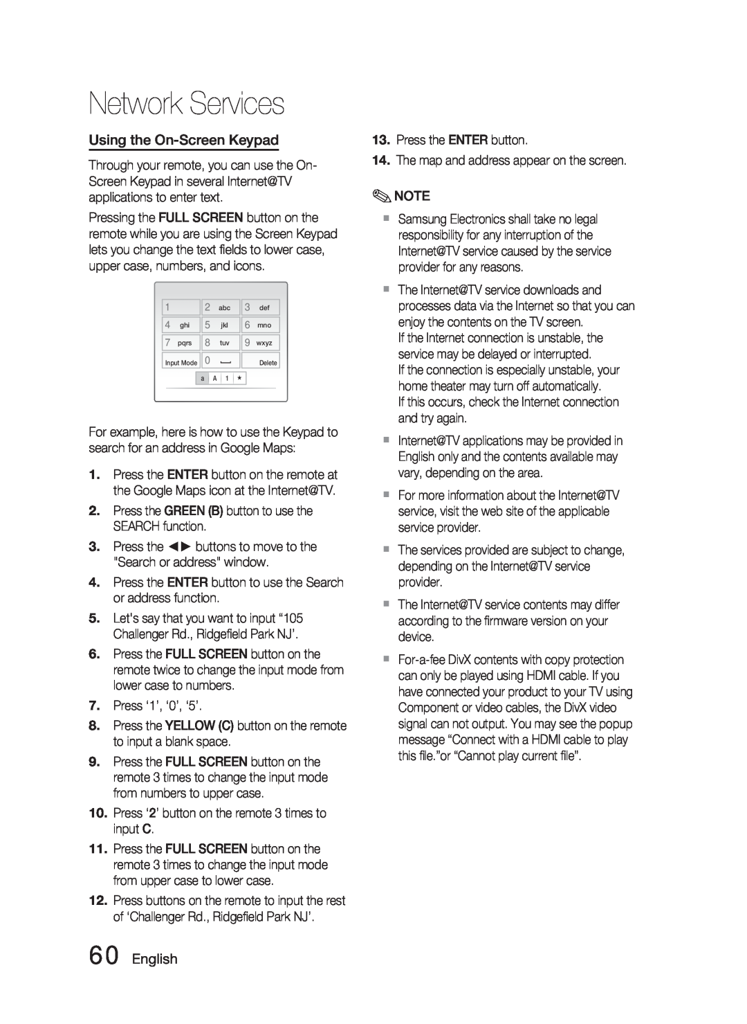 Samsung AH68-02279R user manual Using the On-ScreenKeypad, English, Network Services 